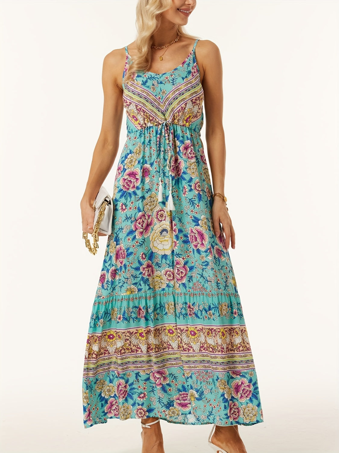 Beach Wedding Guest Midi Cami Dress for Women with Printed Scoop Neck