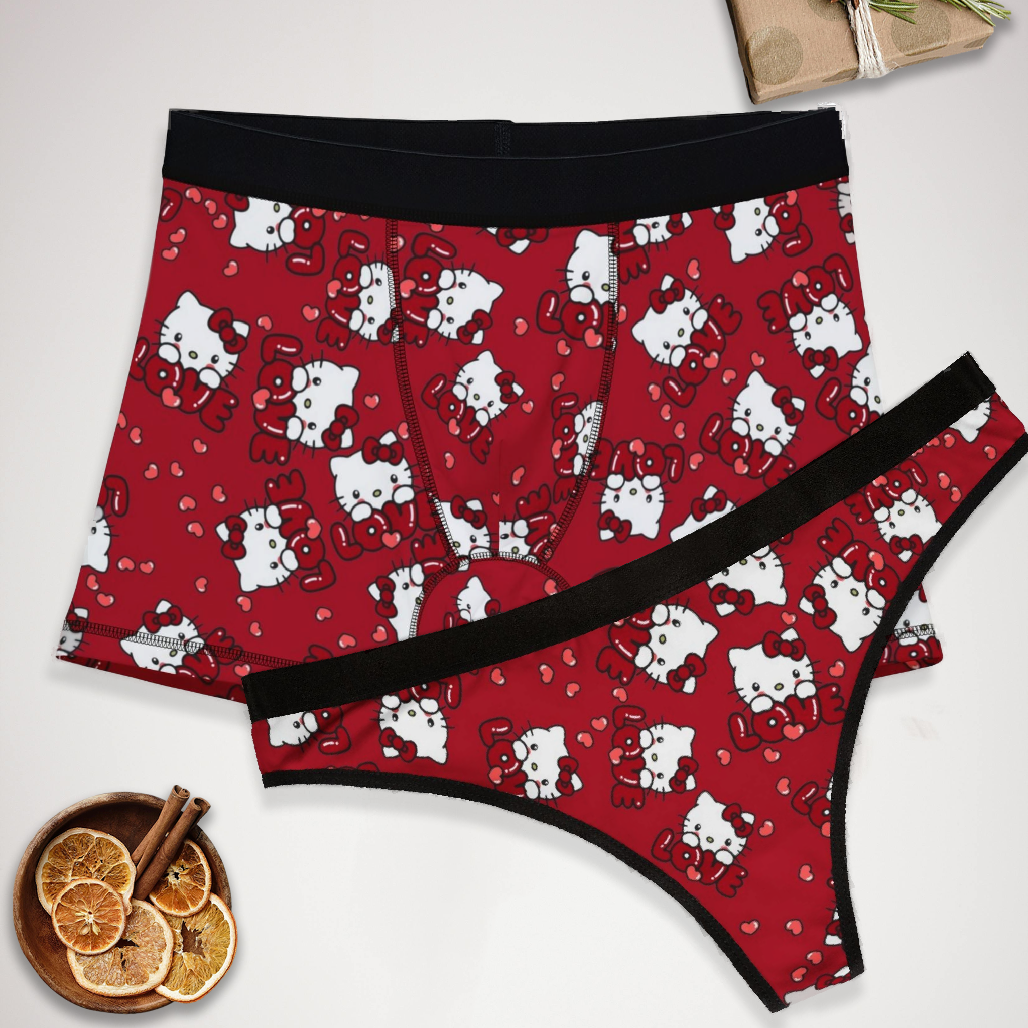 Matching underwear kitty valentine love for couples boxer & thong set