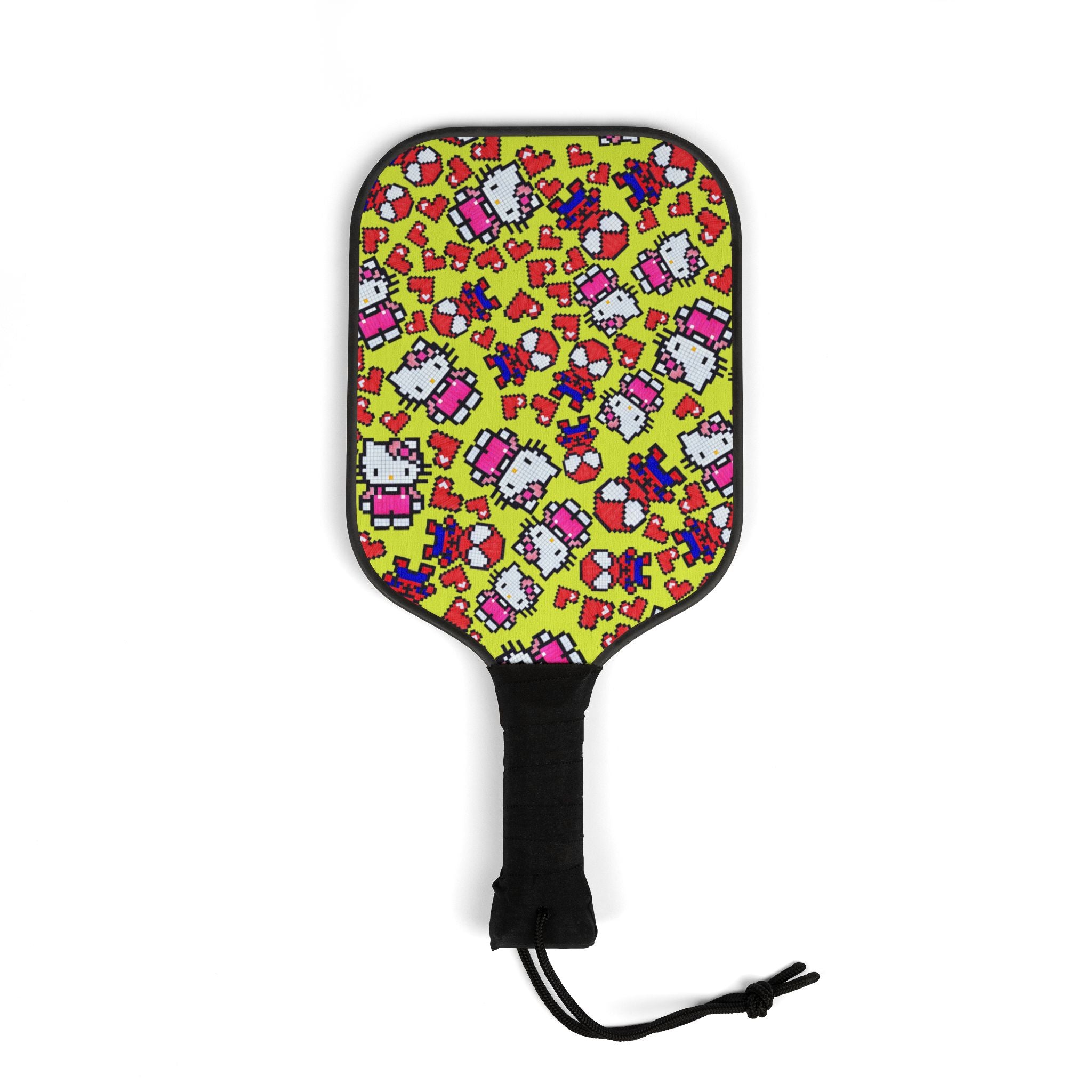 Pickleball kit (2 paddles + 2 balls + transparent bag) spider kitty pixel heart character love valentine yellow