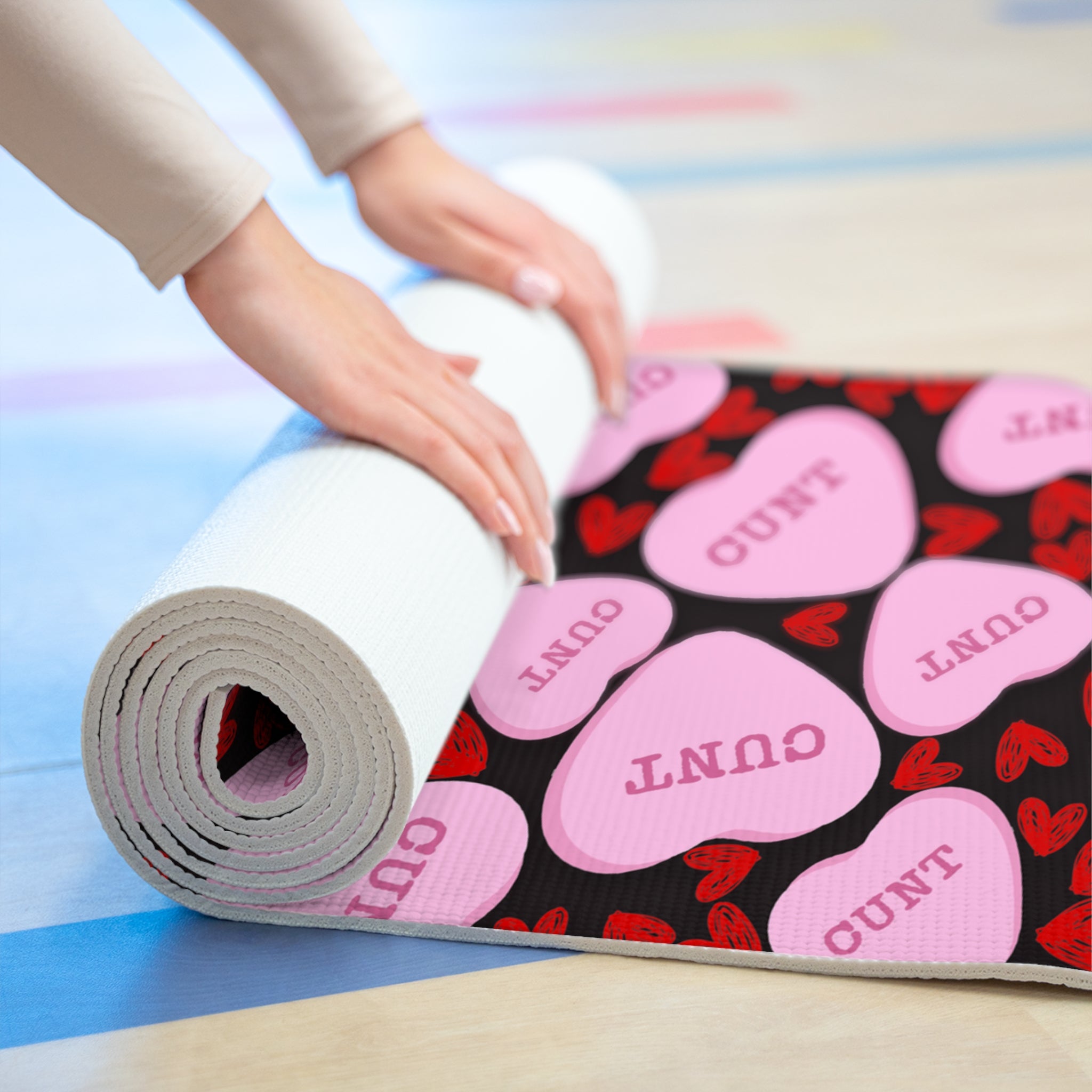 Foam yoga mat cunt candy heart shape message black