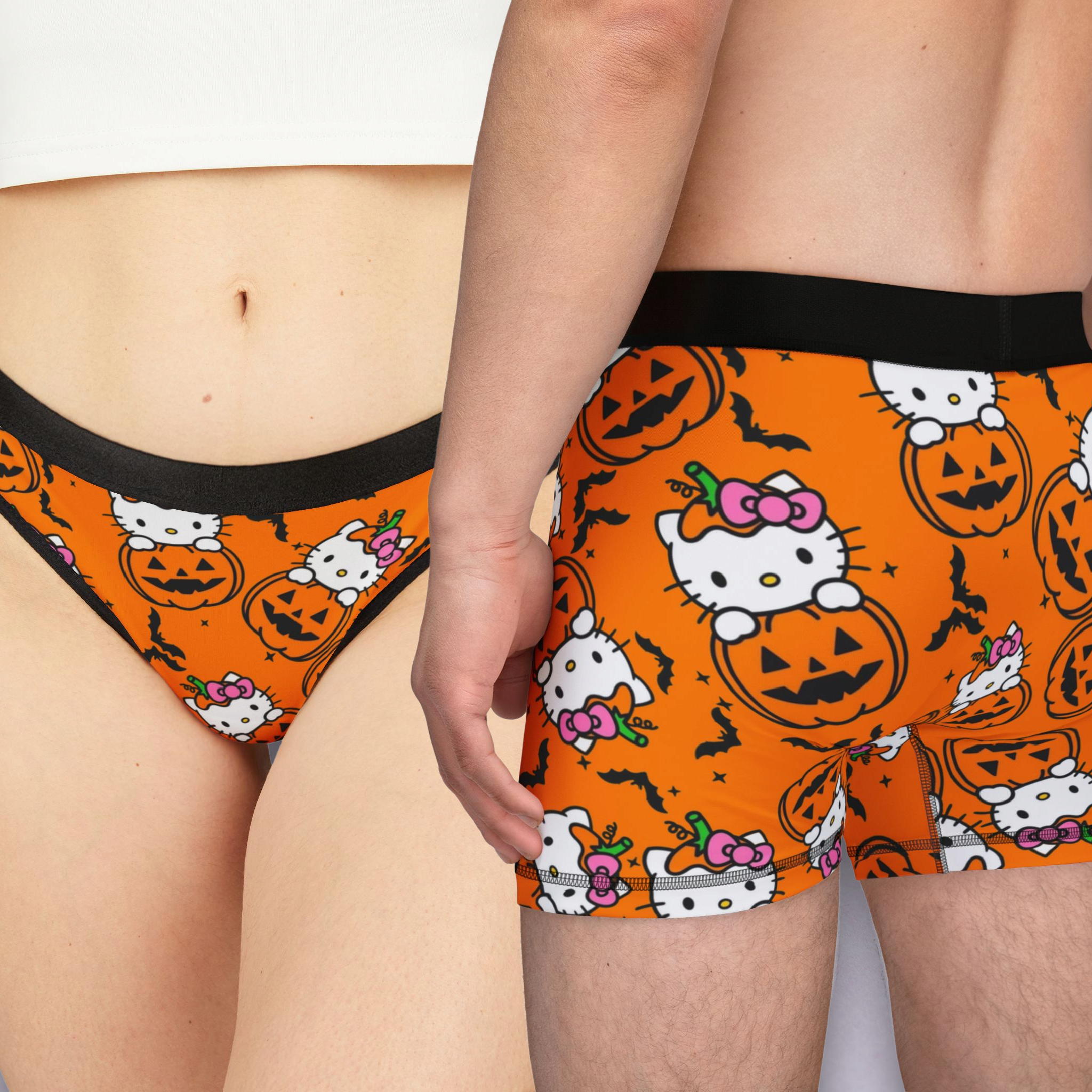 Couples matching  kitty hold pumpkin halloween underwear set boxer and thong