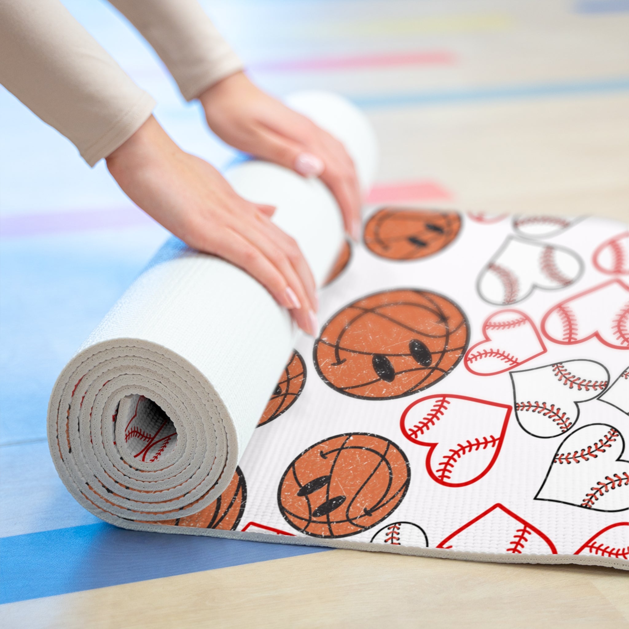 Foam yoga mat basketball hearts valentine white