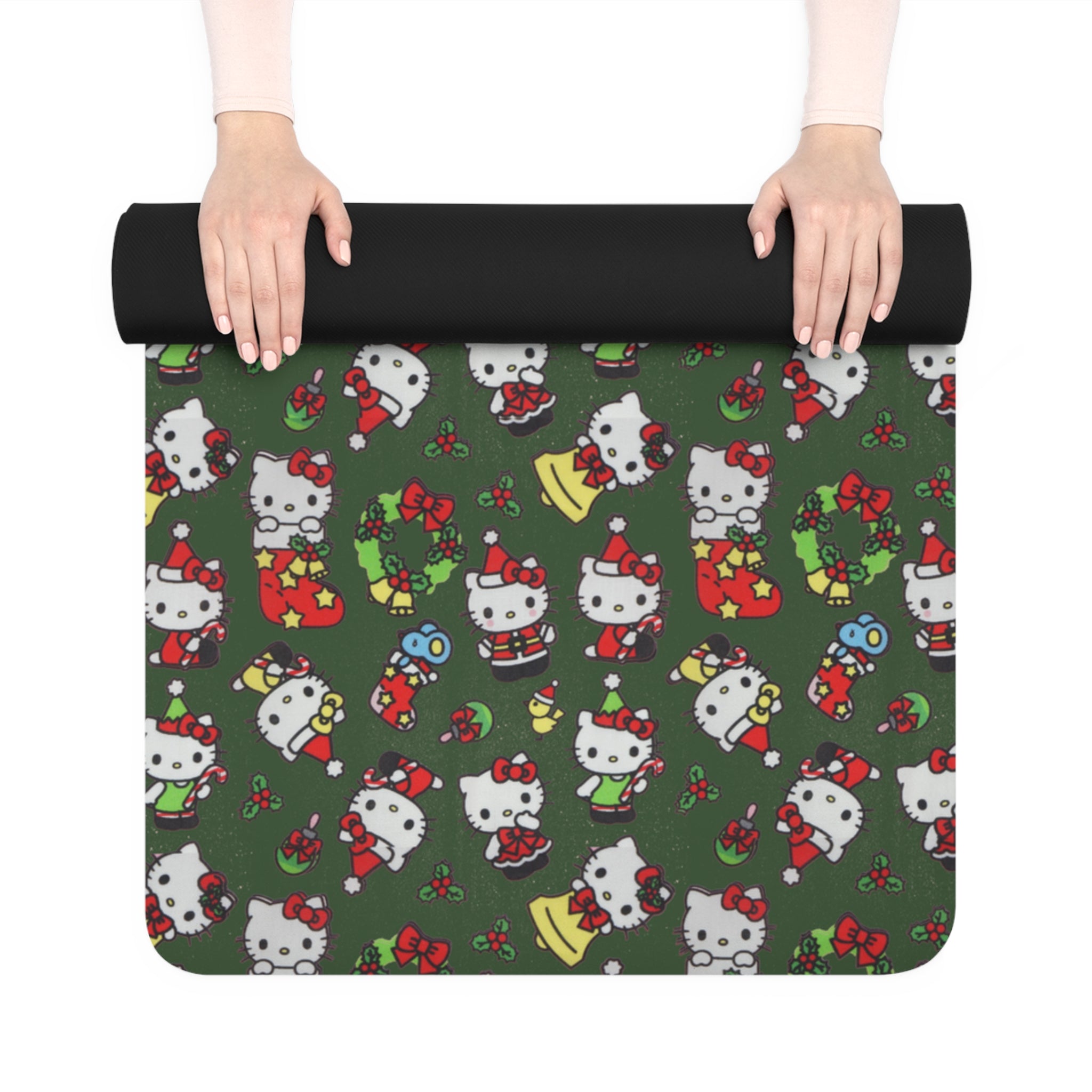 Rubber yoga mat kitty and friends christmas noel green