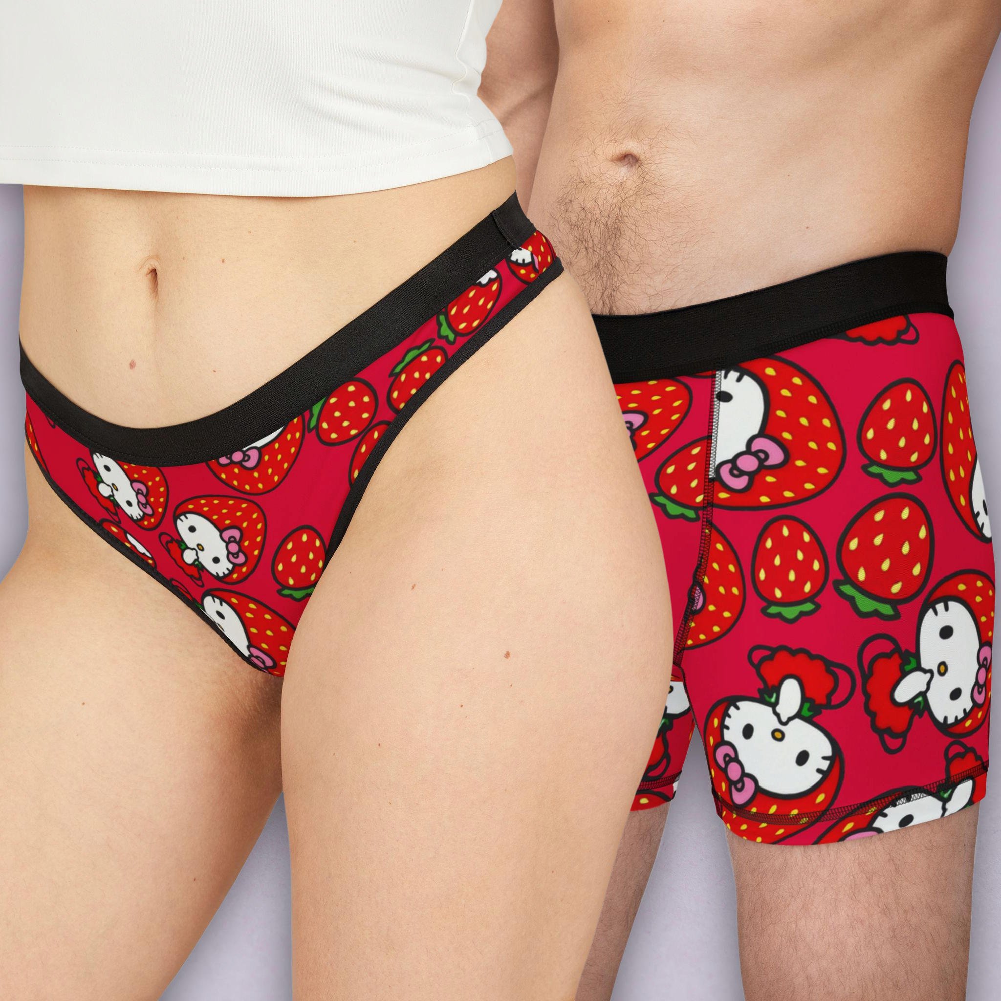 Couples matching  kitty strawberry valentine underwear set boxer and thong