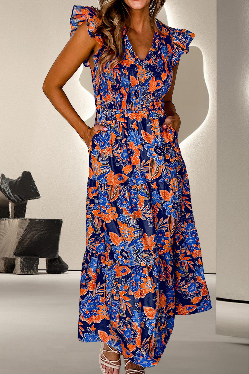 Summer Beach Wedding Guest Dress for Women Over 50: Ruffled Cap Sleeve Dress with Elegant Print, Perfect for Parties