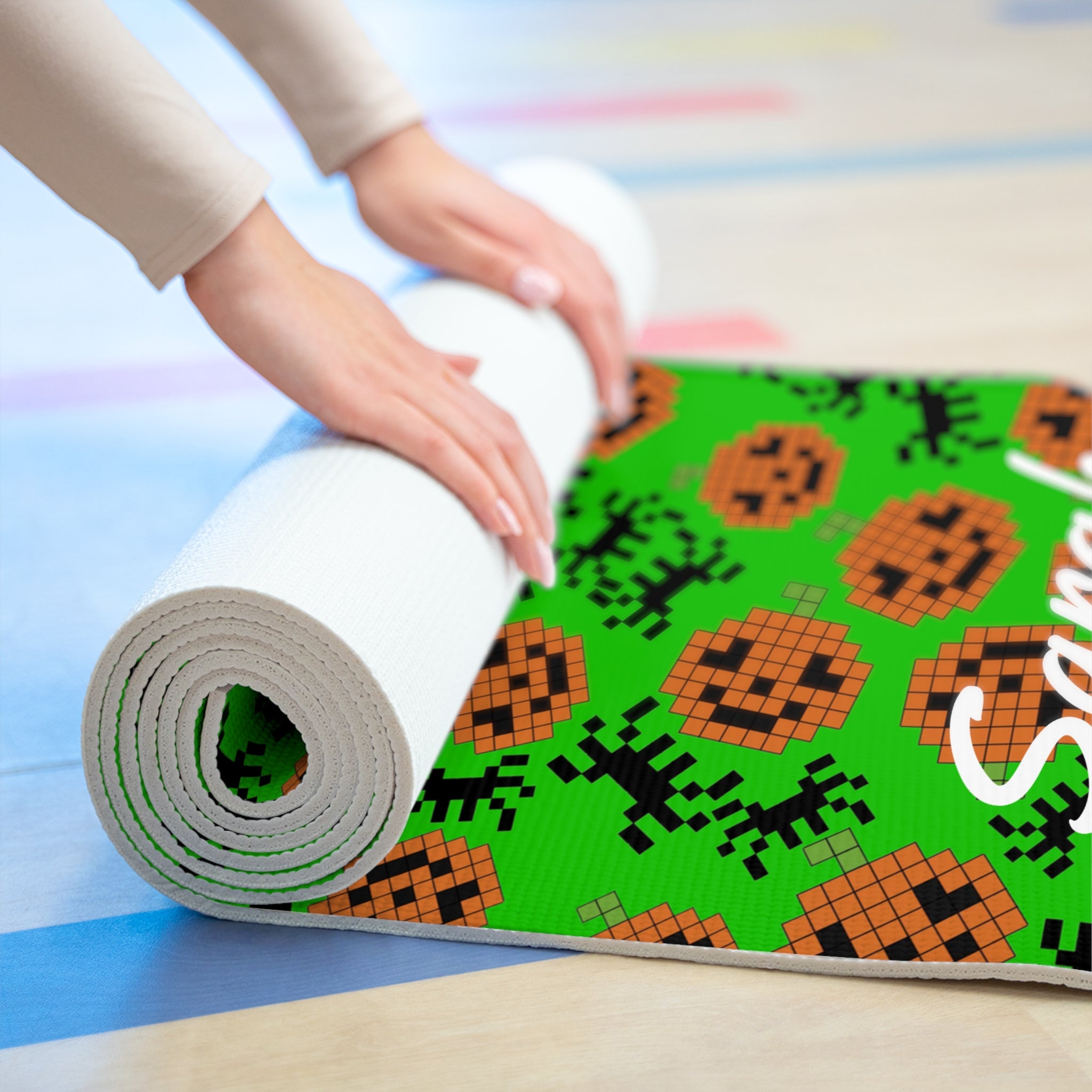 Custom name foam yoga mat pumpkin spider pixel halloween green