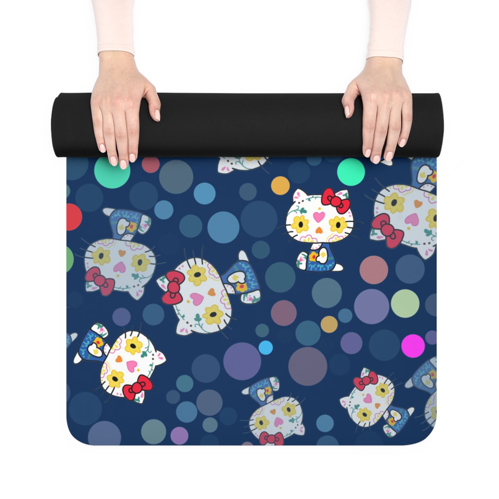 Rubber yoga mat kitty flower polka dots blue