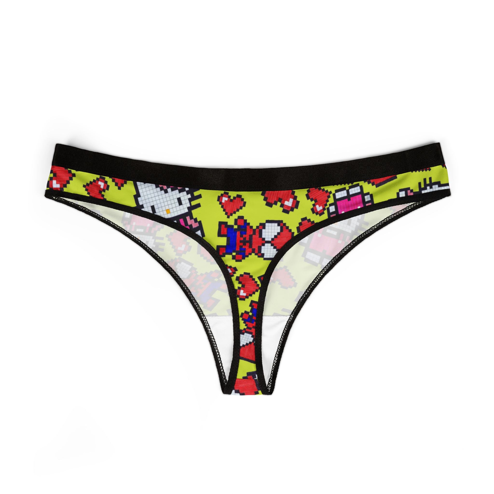 Women's thongs spider kitty pixel heart character love valentine yellow