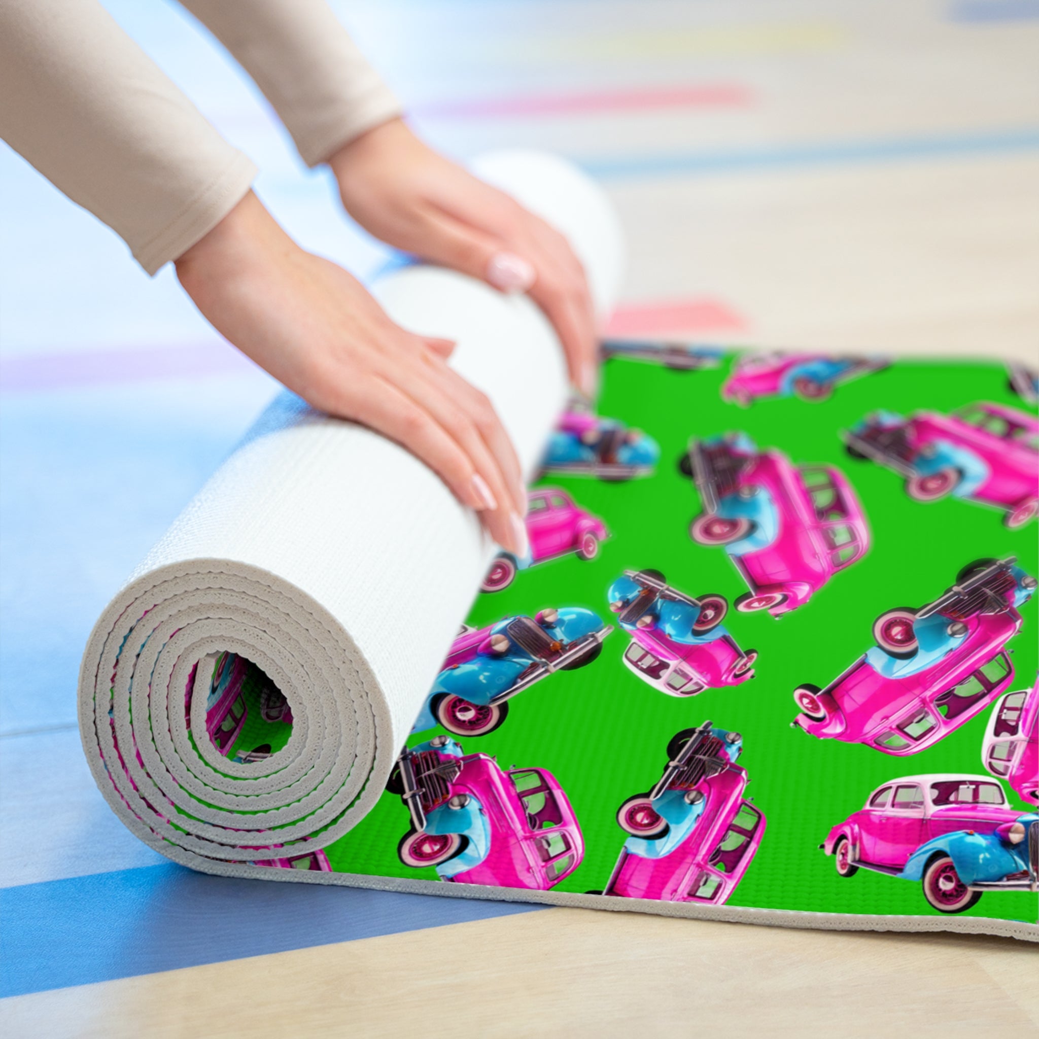 Foam yoga mat cartoon dirty old cars green