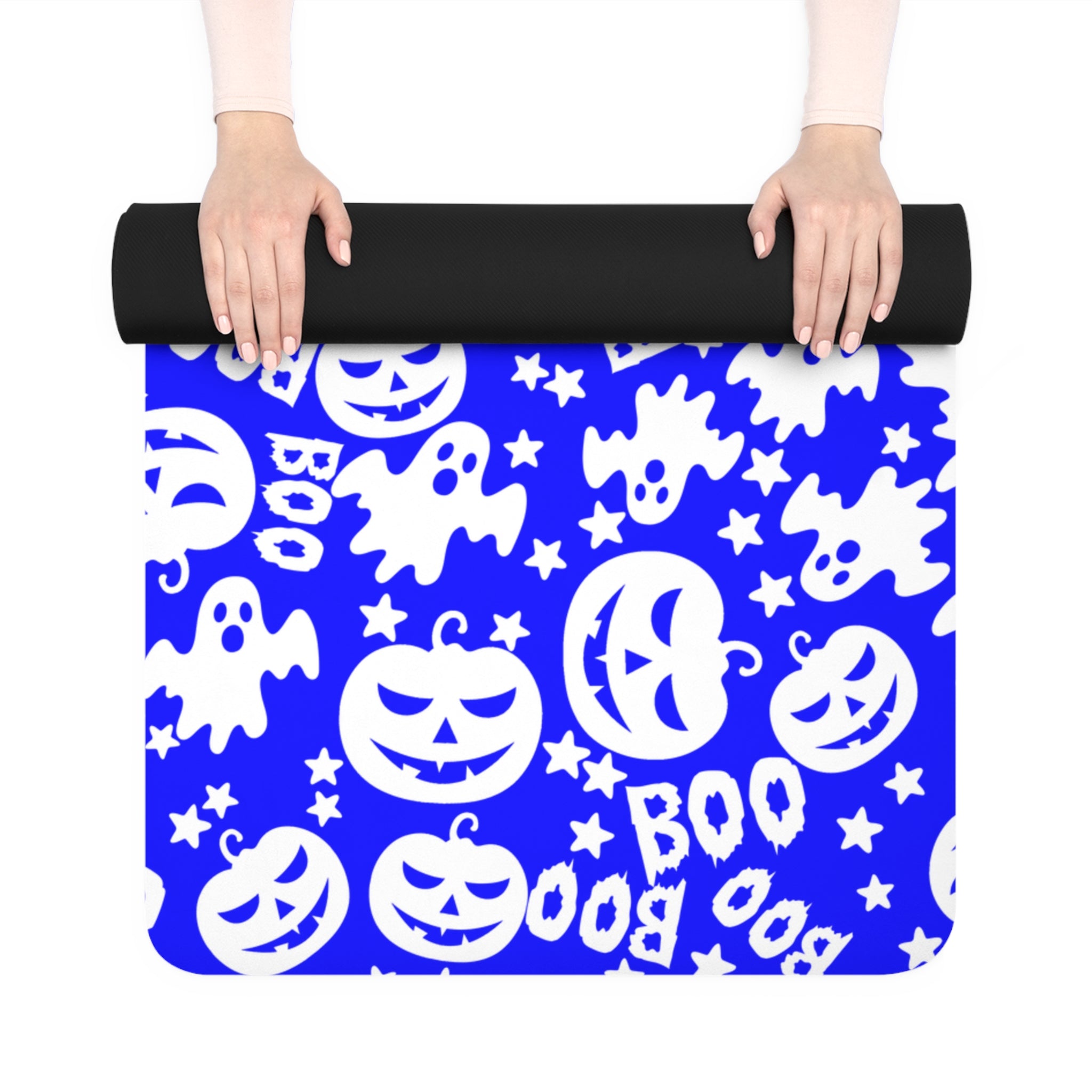 Rubber yoga mat boo halloween ghost pumpkin blue