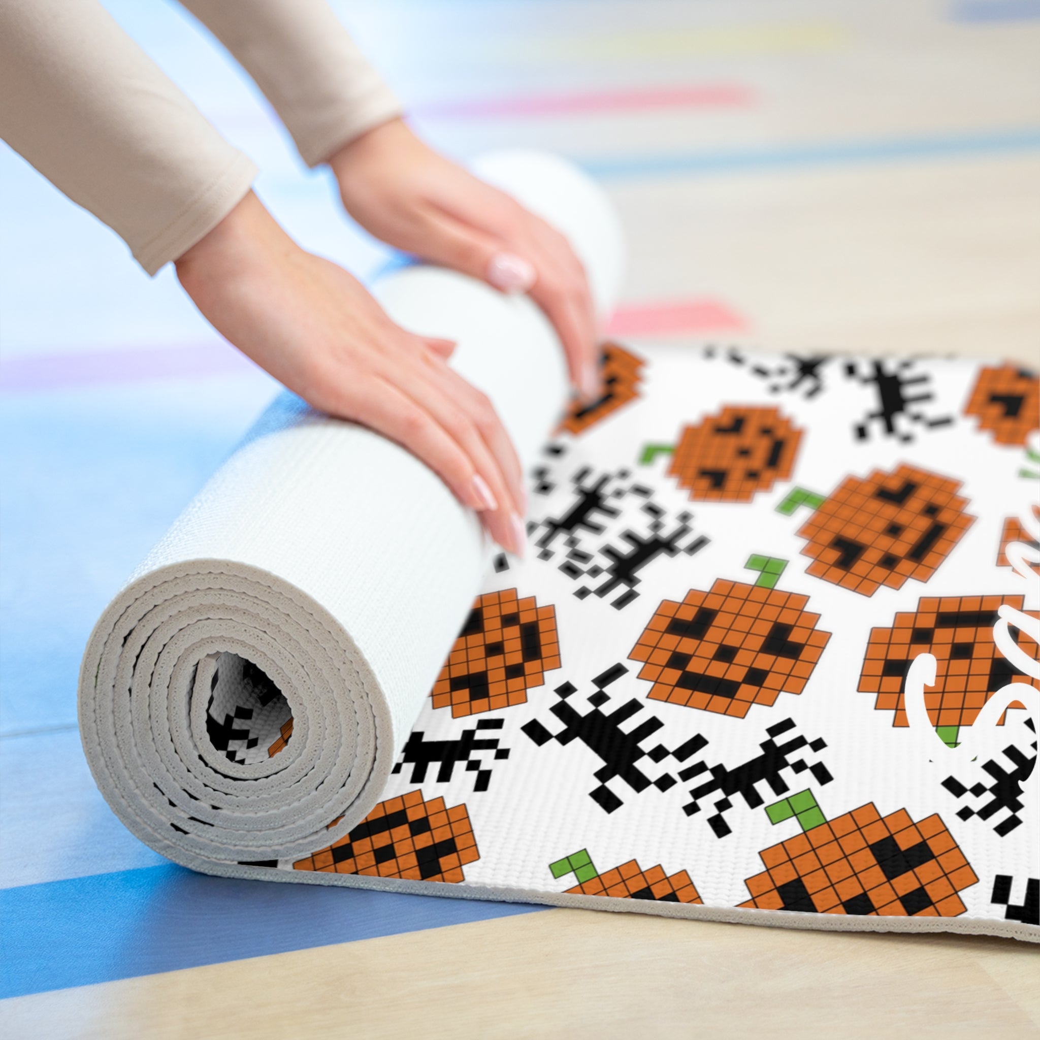 Custom name foam yoga mat pumpkin spider pixel halloween white