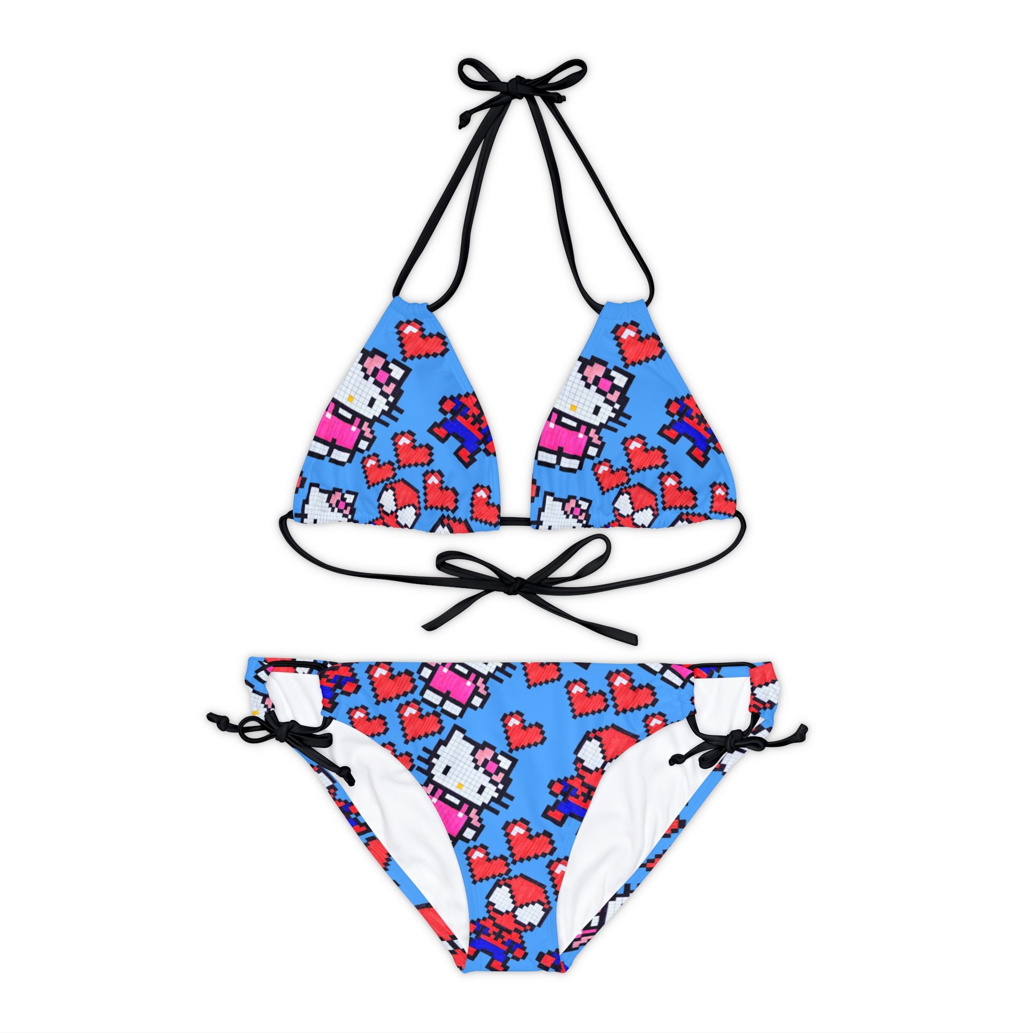 Strappy bikini set spider kitty pixel heart love valentine cyan