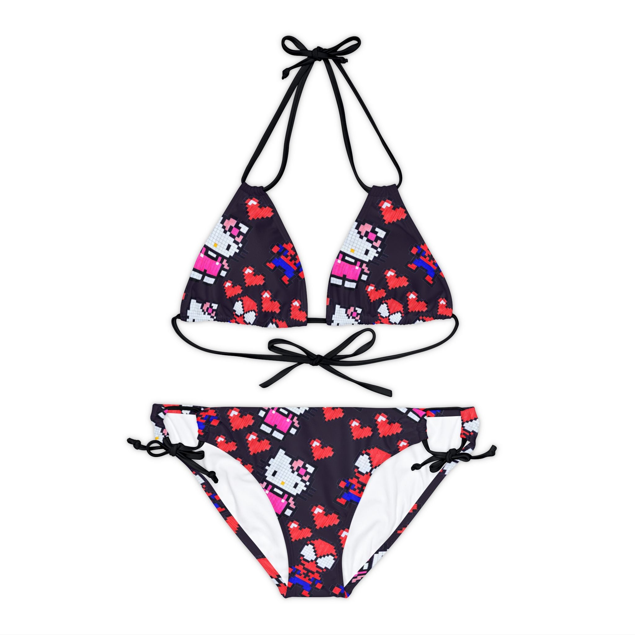 Strappy bikini set spider kitty pixel heart love valentine black