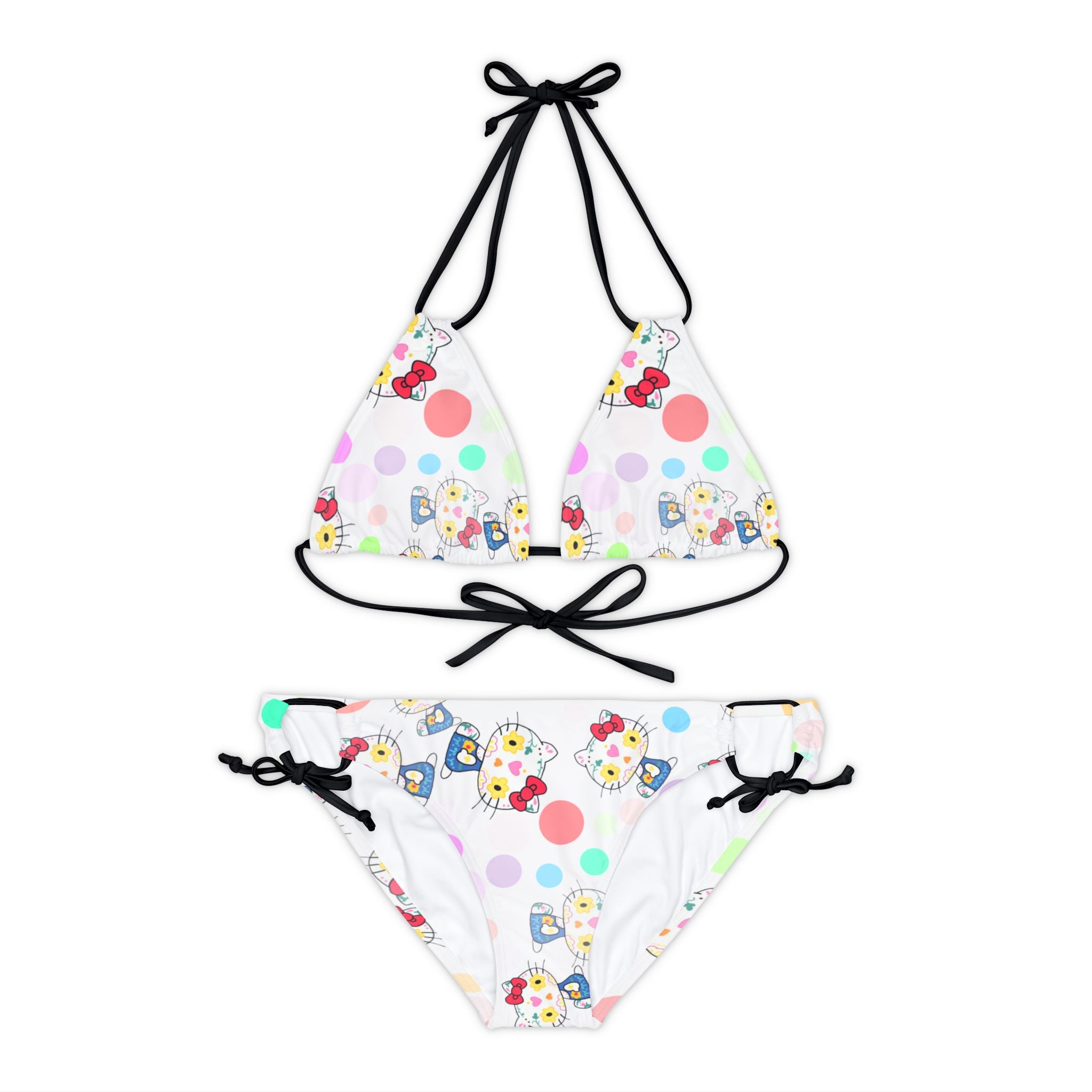 Strappy bikini set kitty flower polka dots white