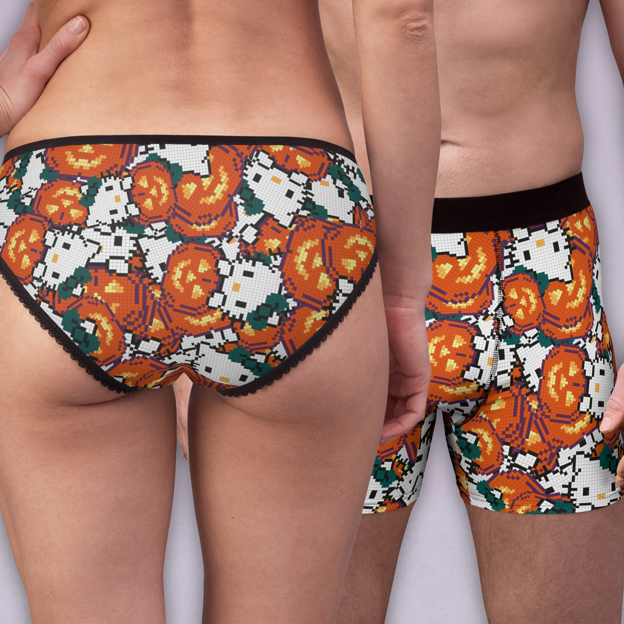 Couples matching kitty pumpkin Halloween pixel underwear set boxer & briefs