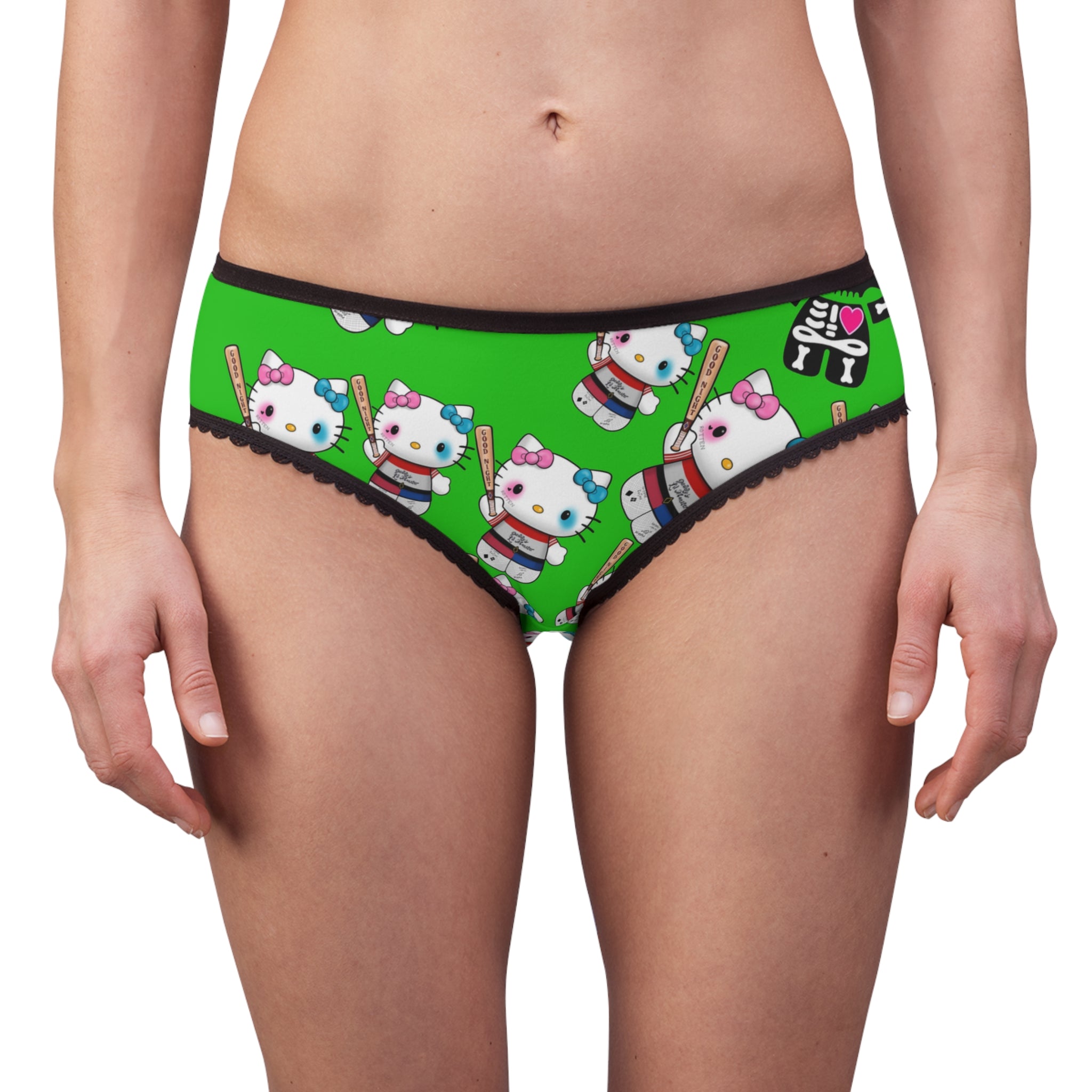 Women's briefs kitty monster Halloween bone green