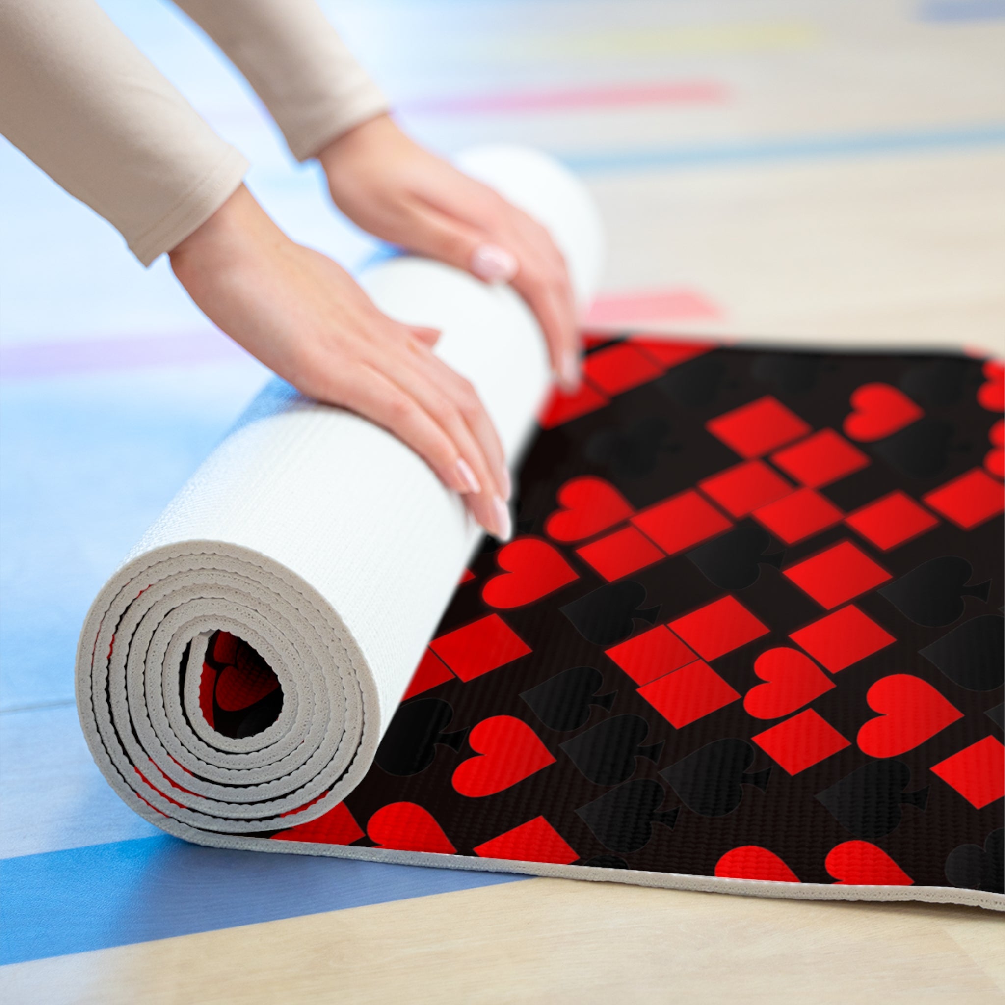 Foam yoga mat playing cards spades hearts diamonds clubs valentine love black