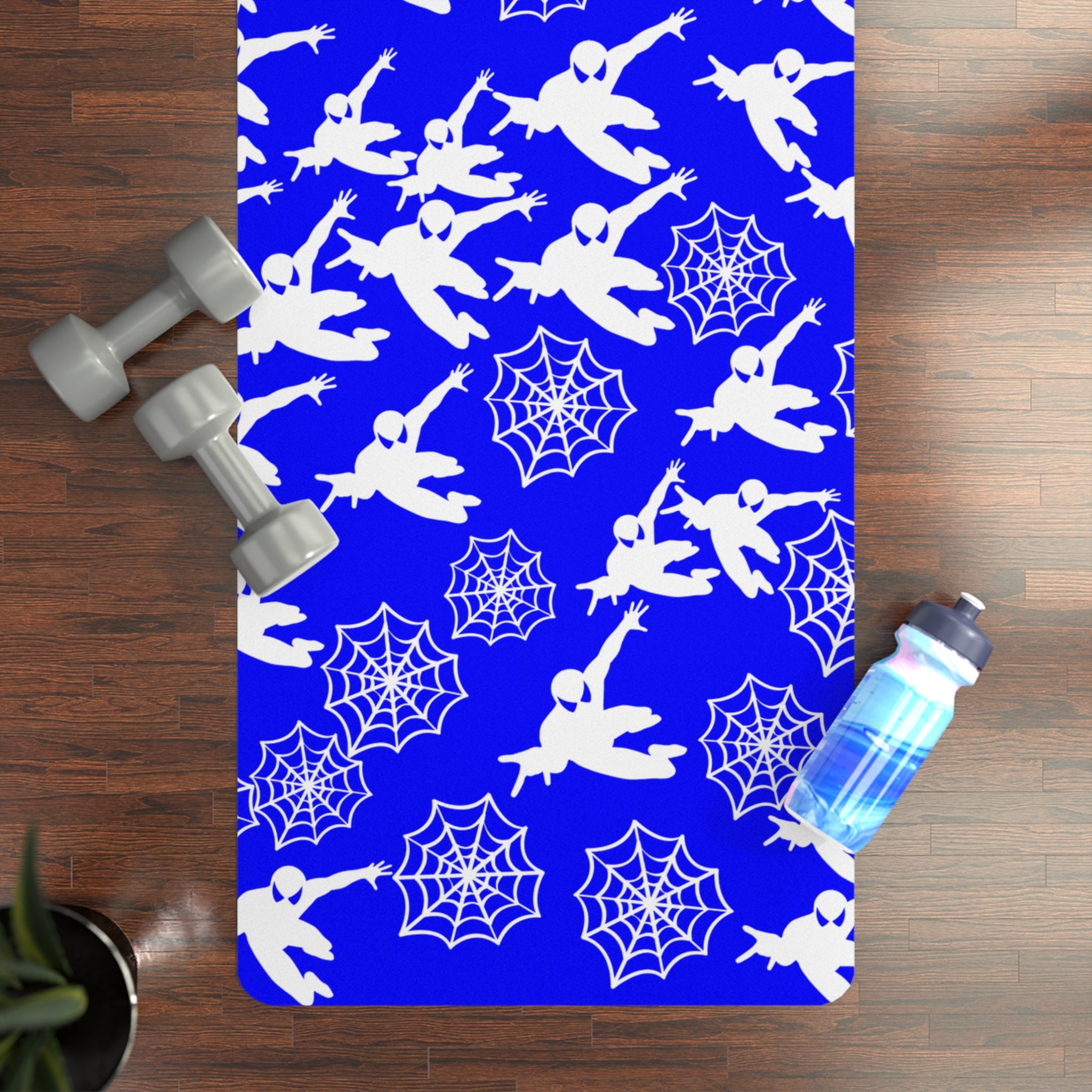 Rubber yoga mat spiderman web plain blue