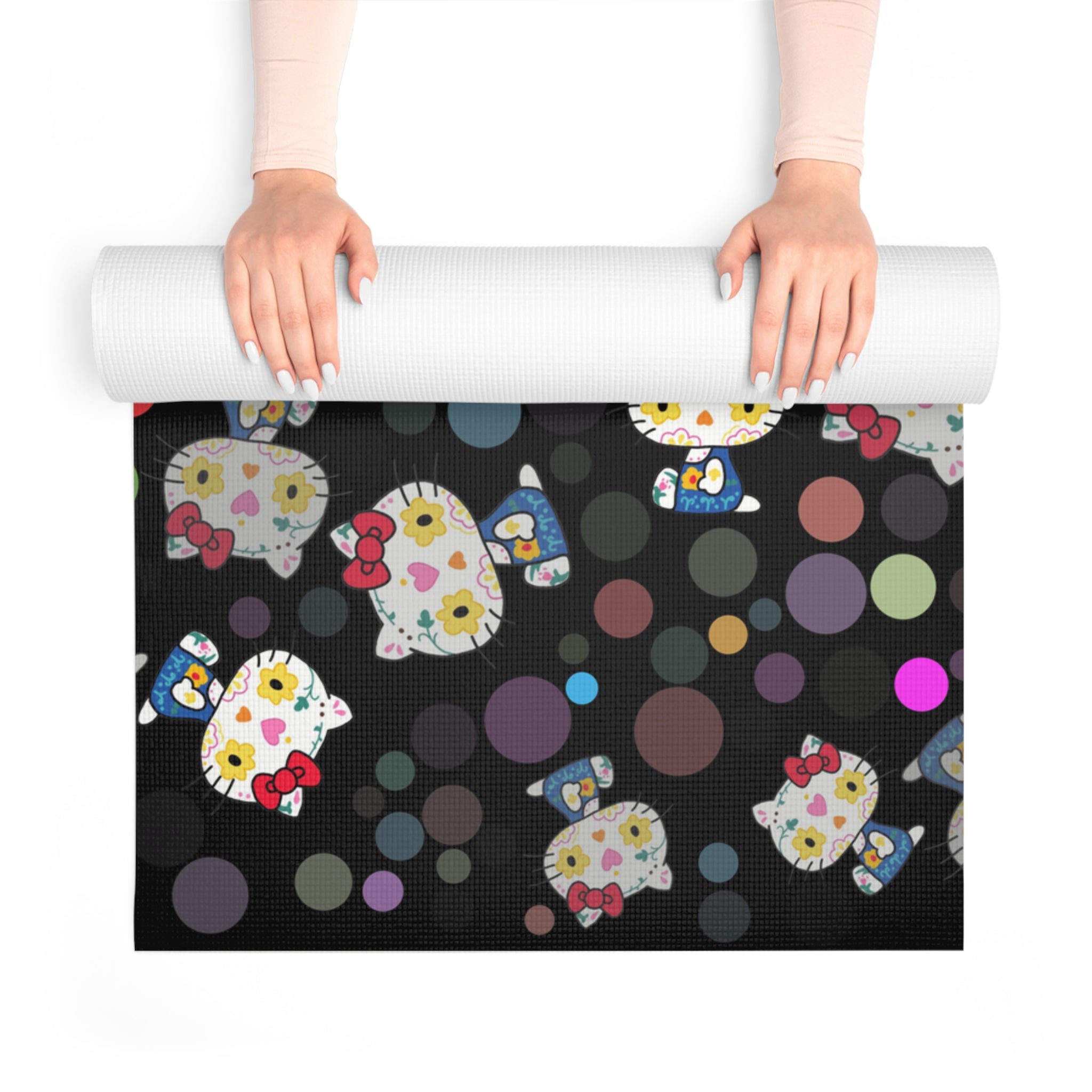 Foam yoga mat kitty flower polka dots black