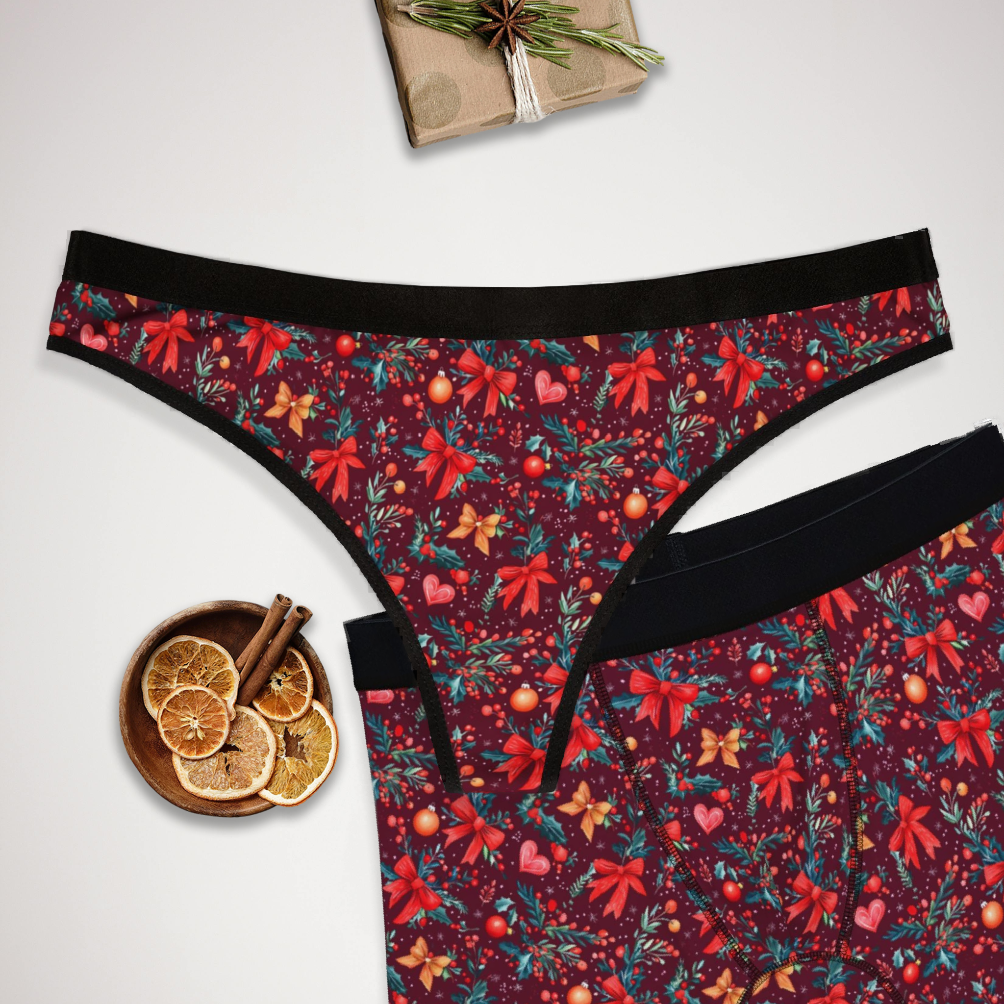 Matching underwear Red Coquette Christmas for couples boxer & thong set