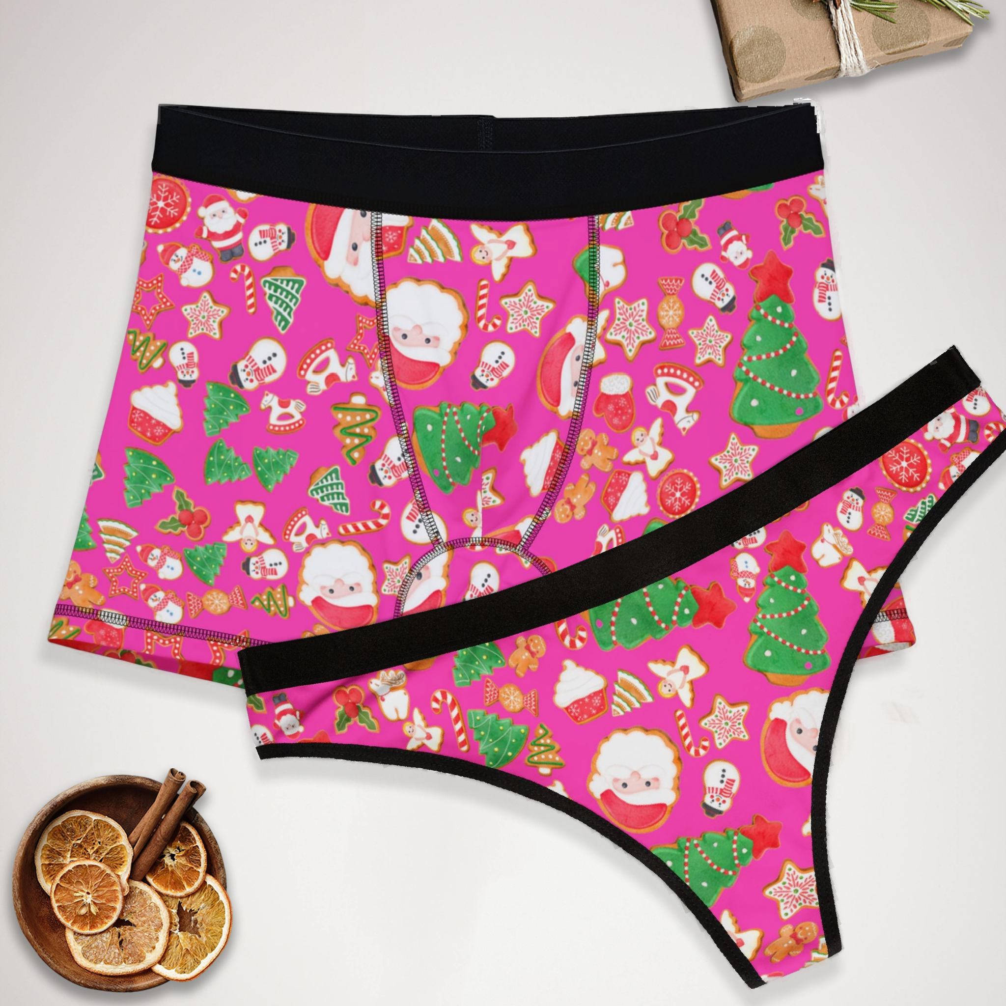 Couples matching  christmas xmas and santa claus cookies character underwear set boxer and thong