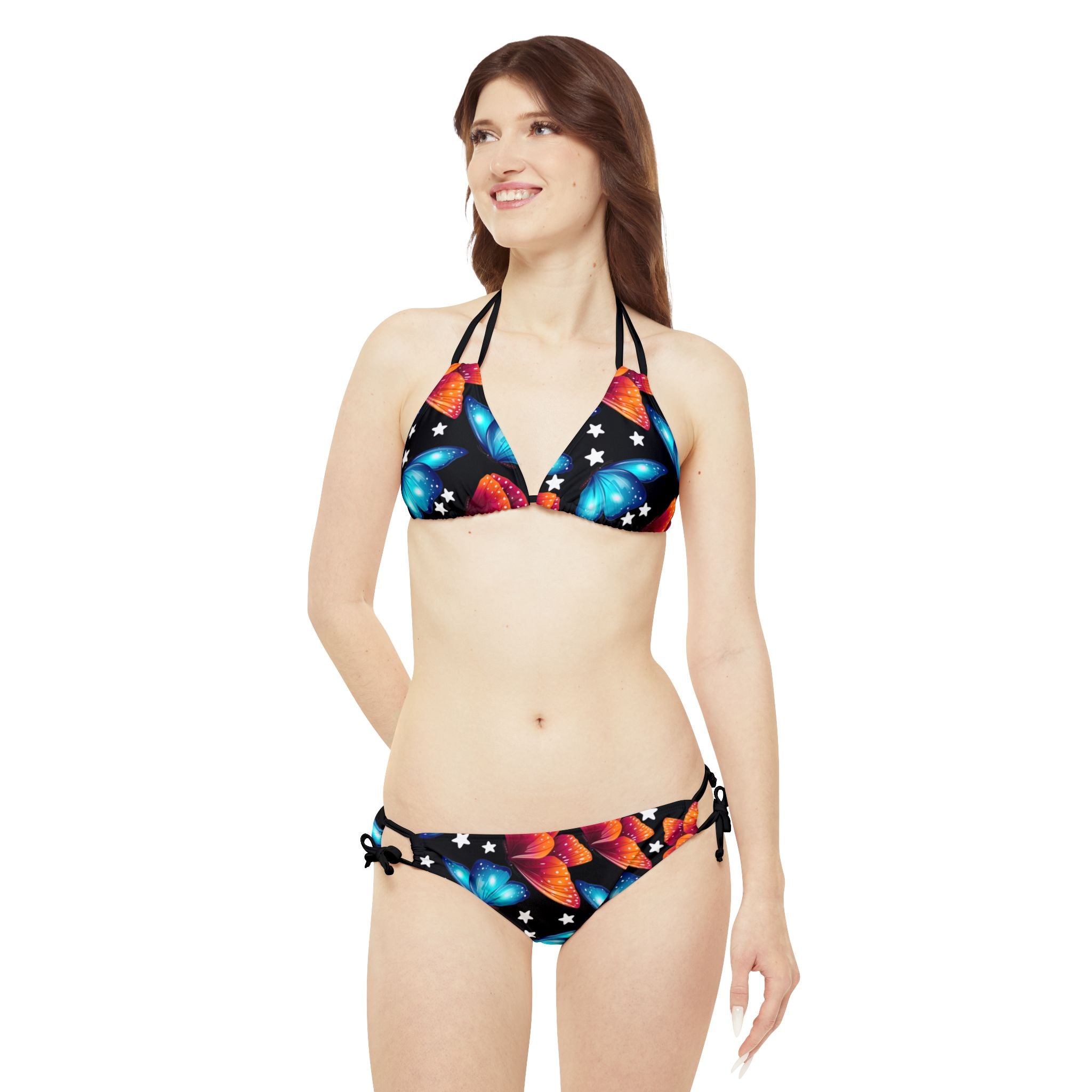 Strappy bikini set butterflies stars black