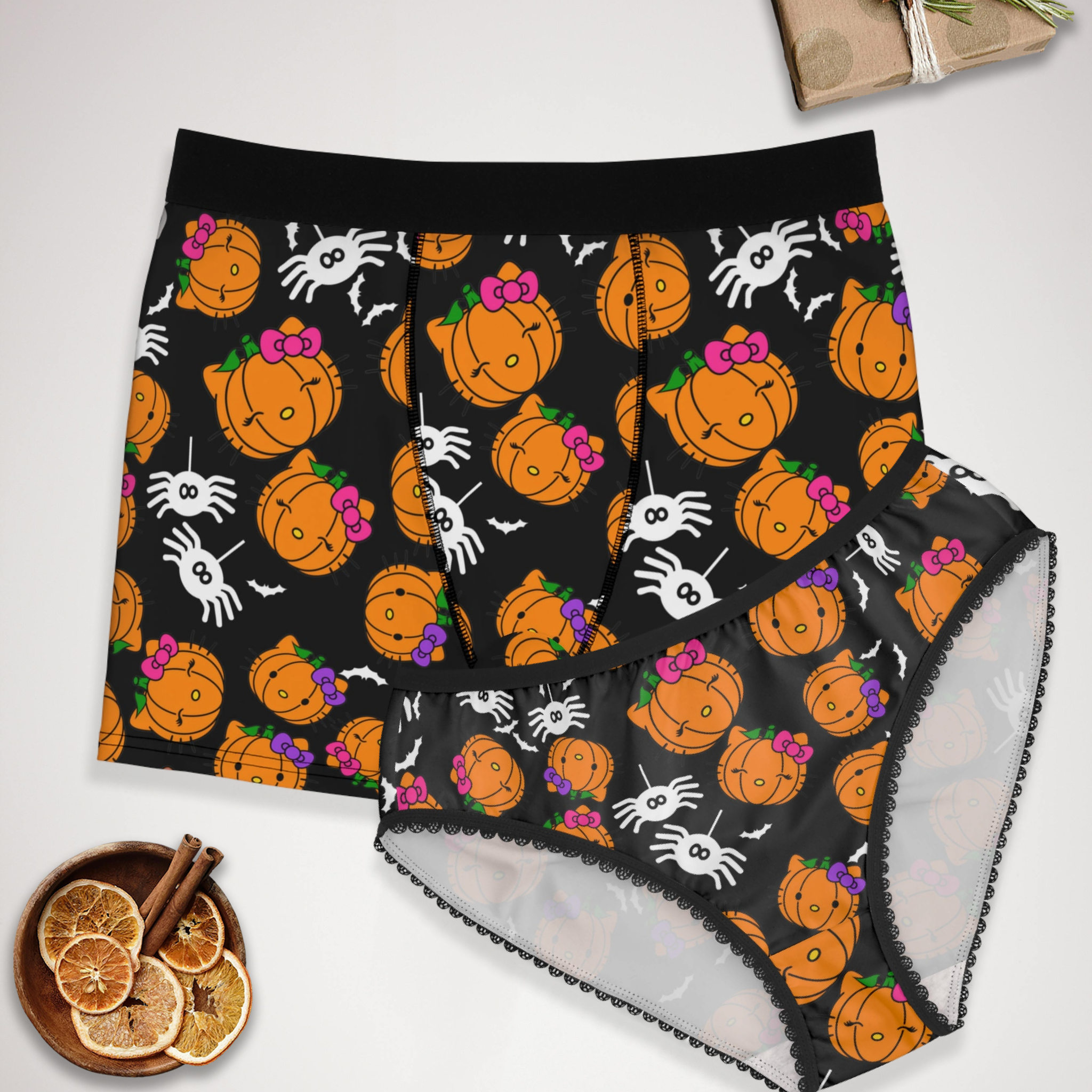 Couples matching double pumpkin kitty Halloween underwear set boxer & briefs