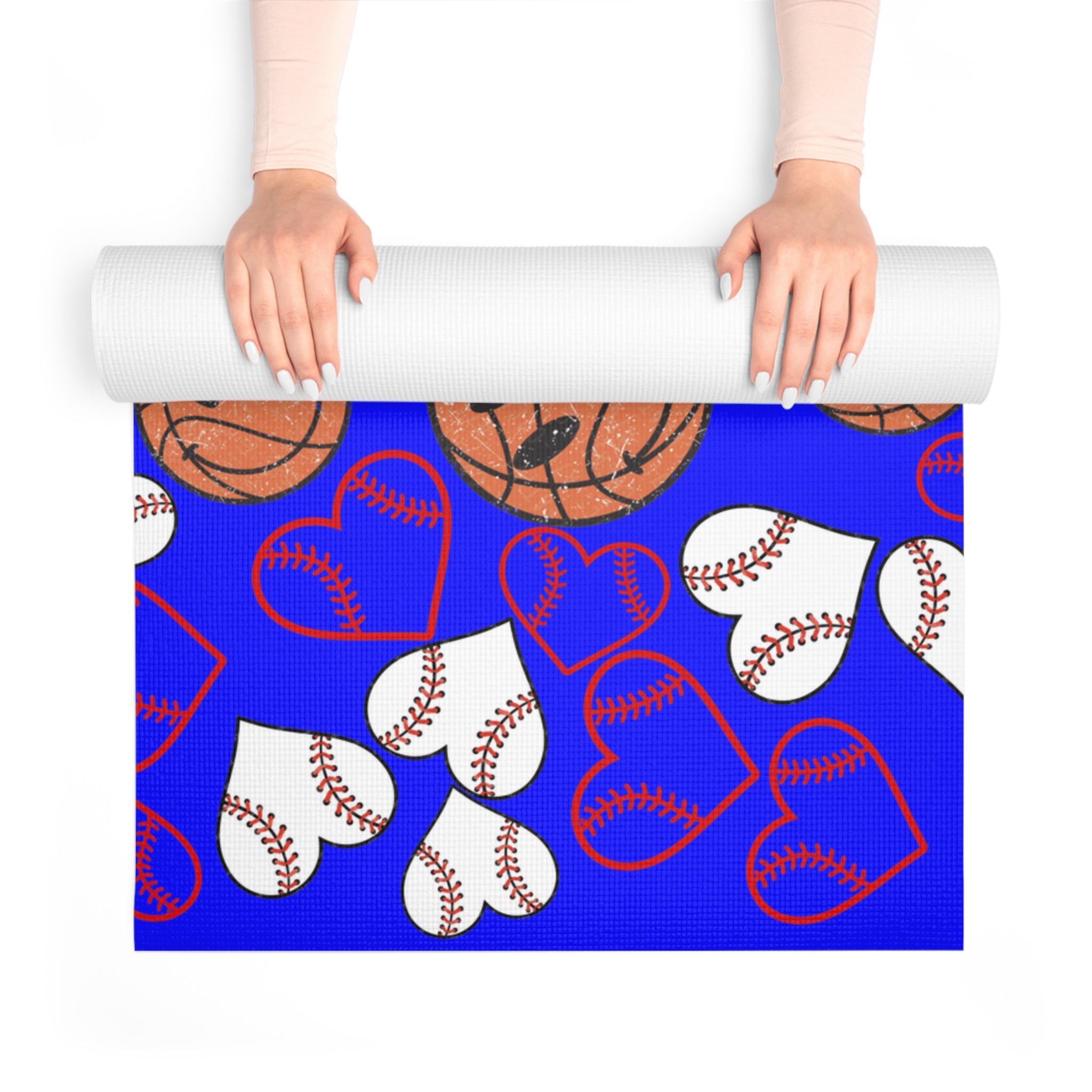 Foam yoga mat basketball hearts valentine blue