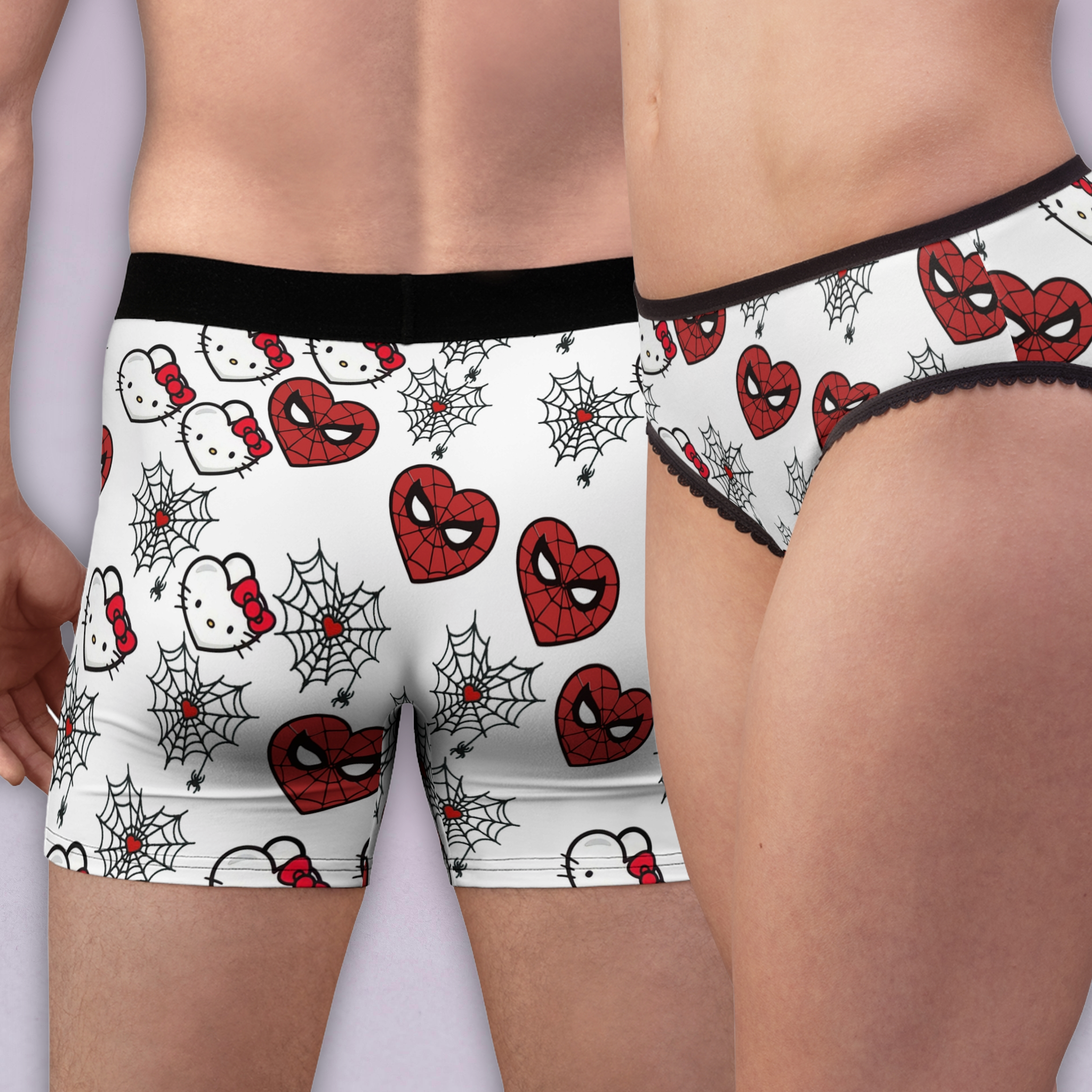 Couples matching spider kitty heart web underwear set boxer & briefs