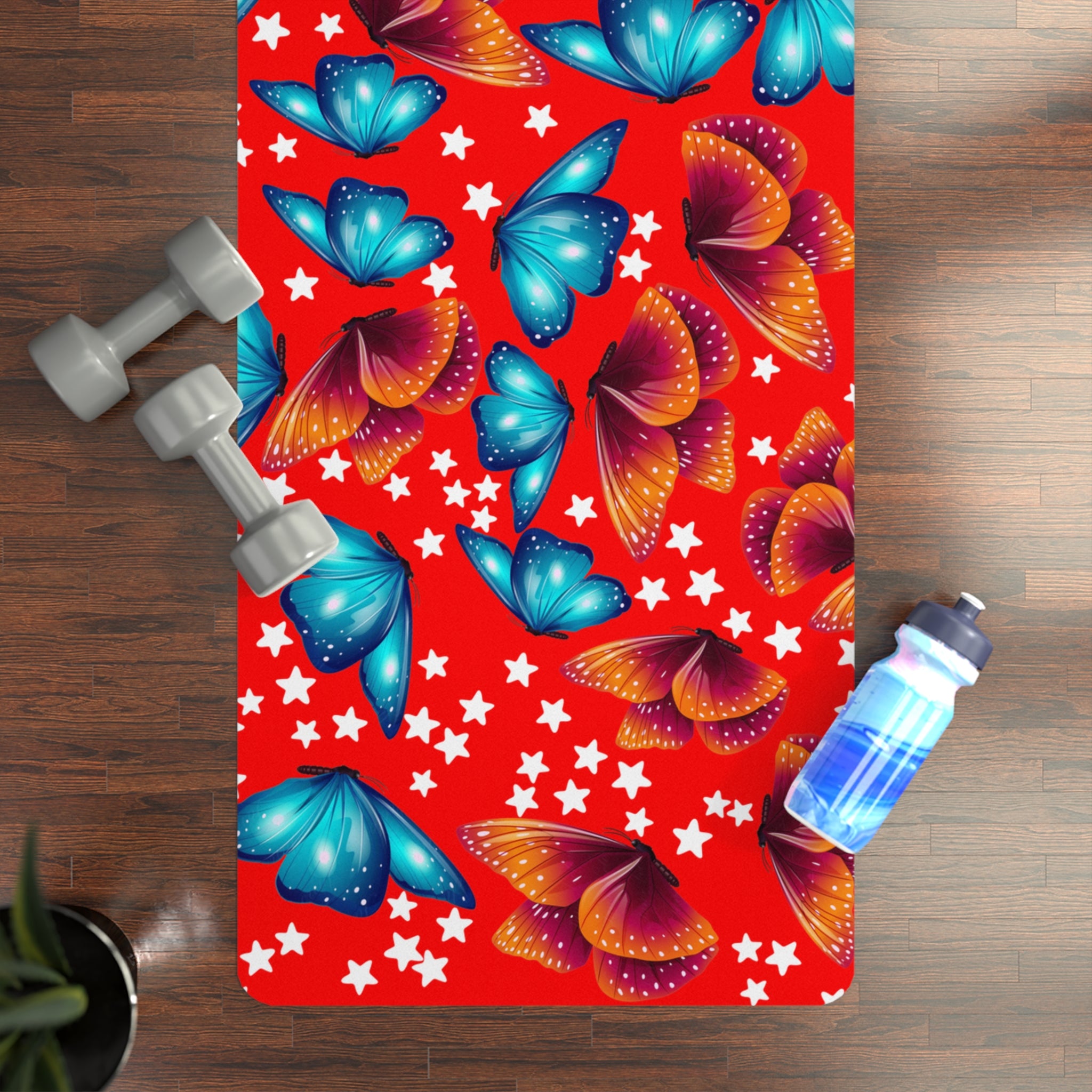 Rubber yoga mat butterflies stars red