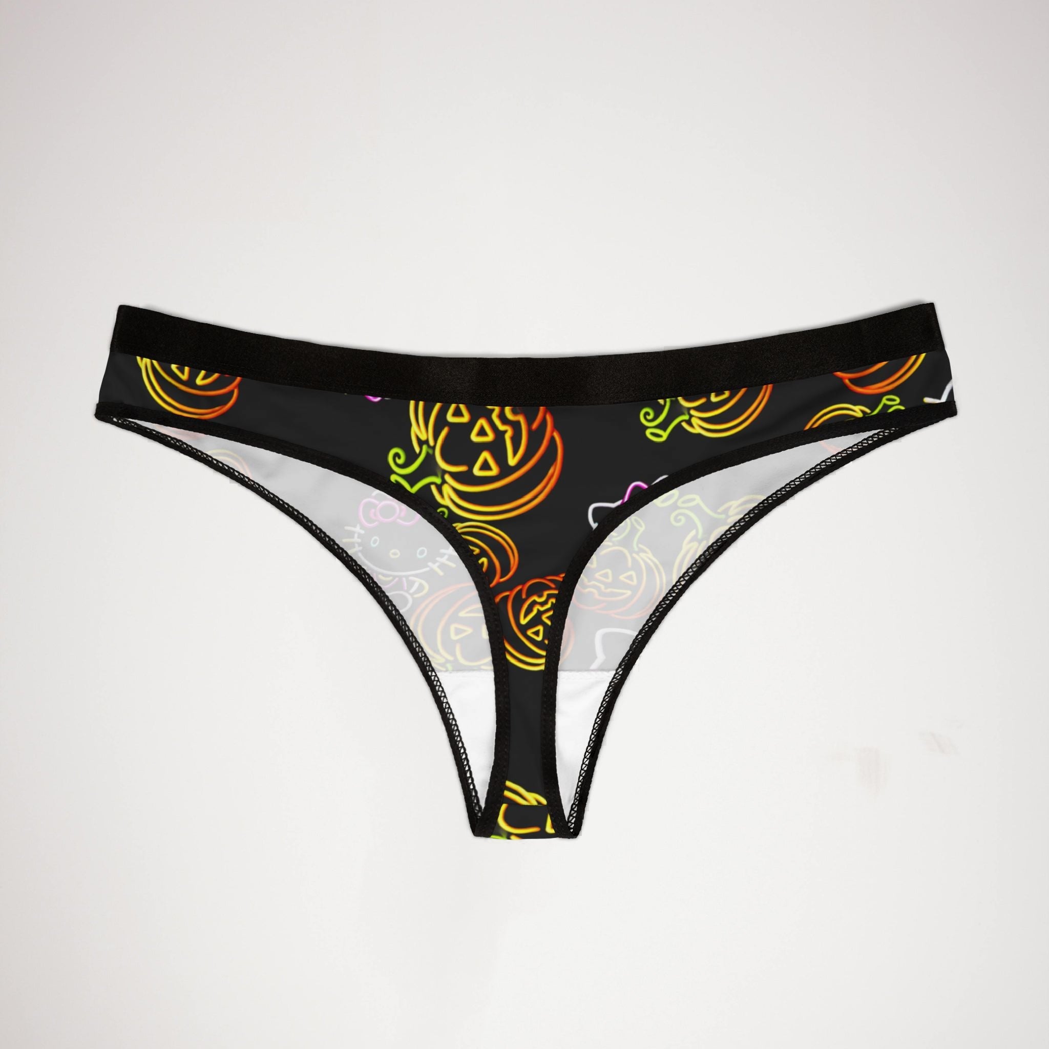 Women's thongs neon pumpkin kitty halloween black