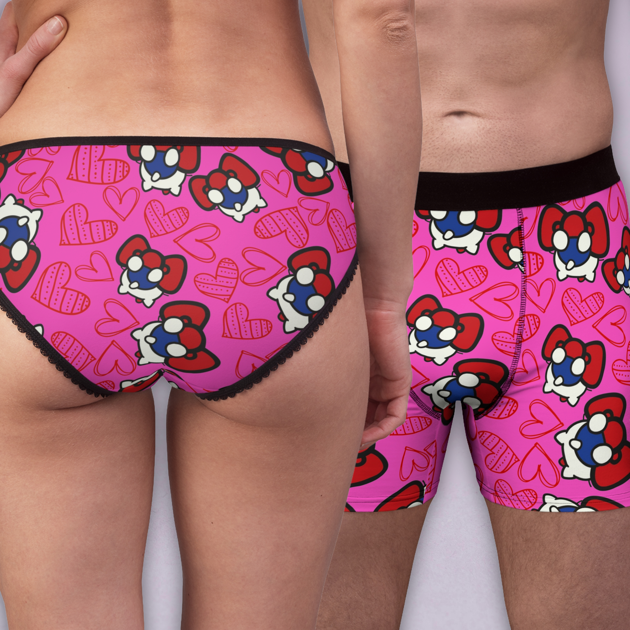 Couples matching cherry kitty back heart underwear set boxer & briefs