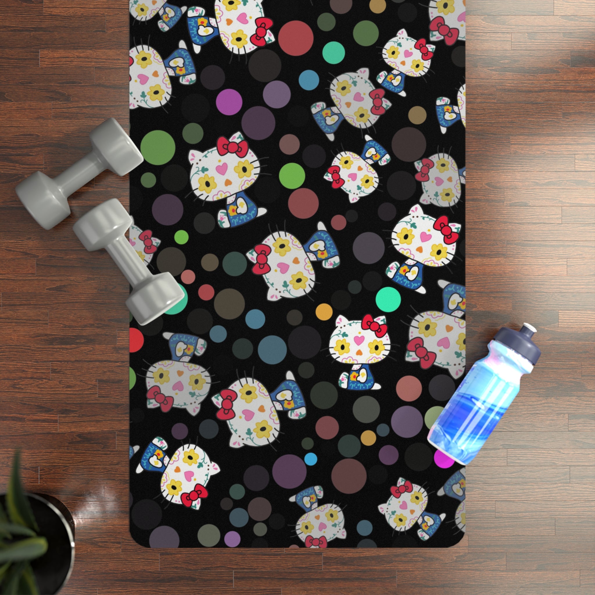 Rubber yoga mat kitty flower polka dots black