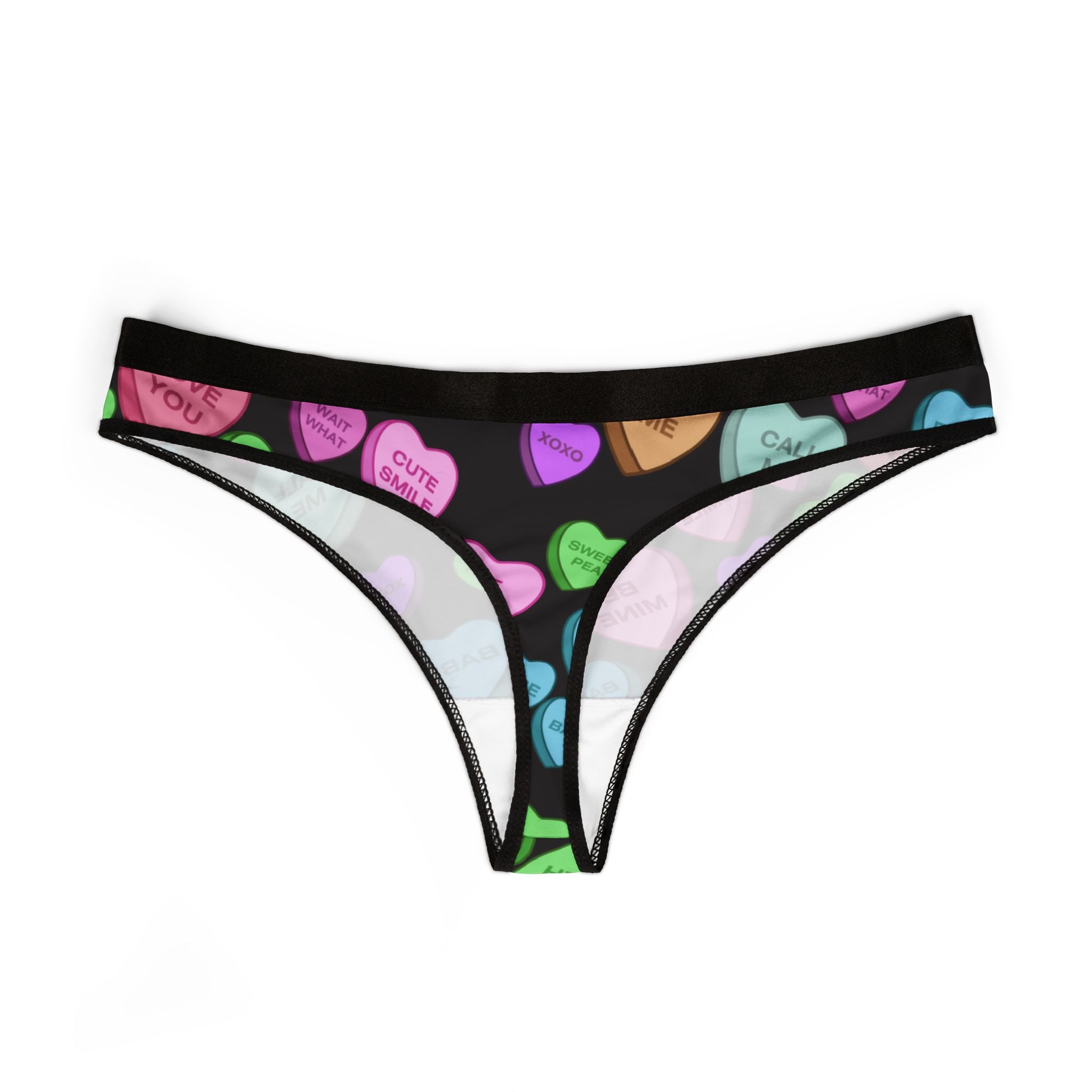 Women's thongs candy heart sweet valentine message black