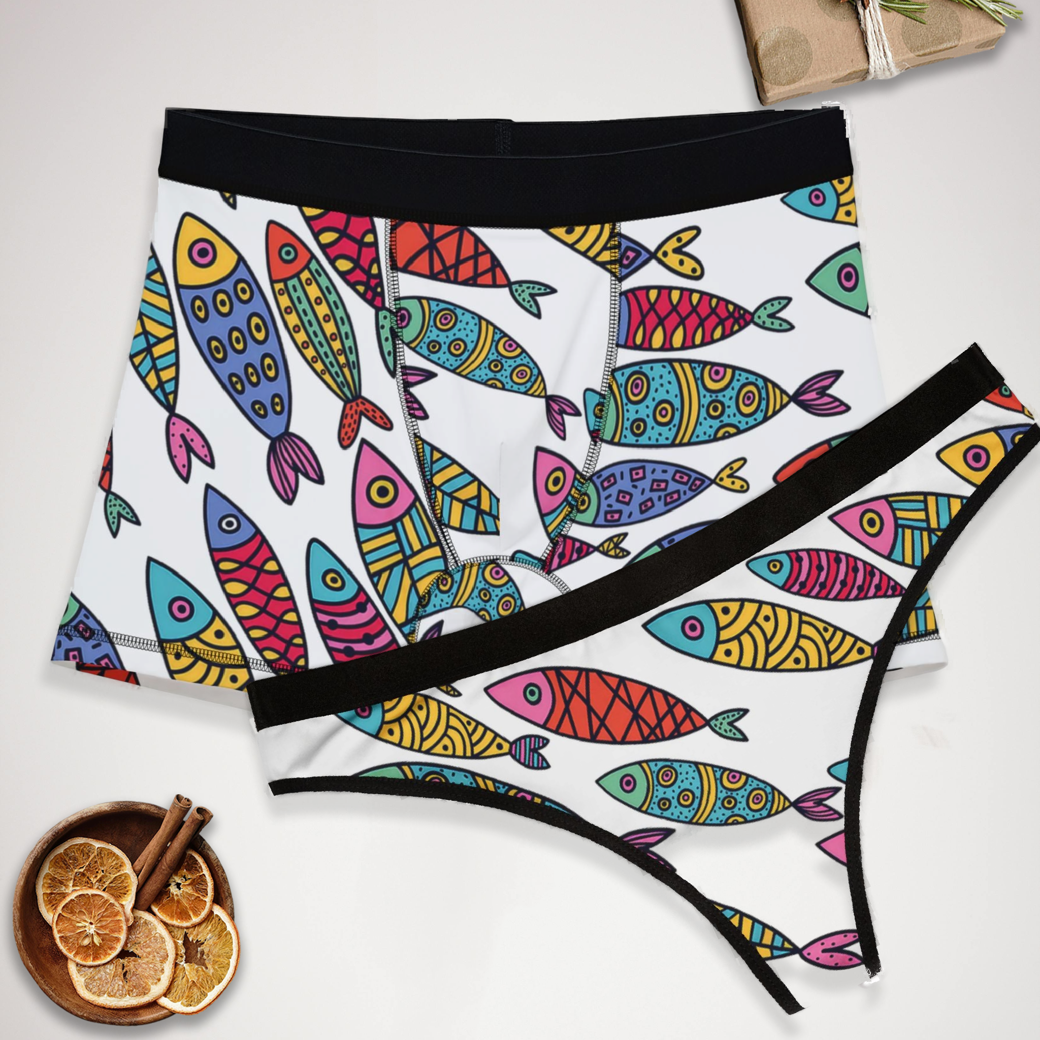 Couples matching  cute fishes underwear set boxer and thong