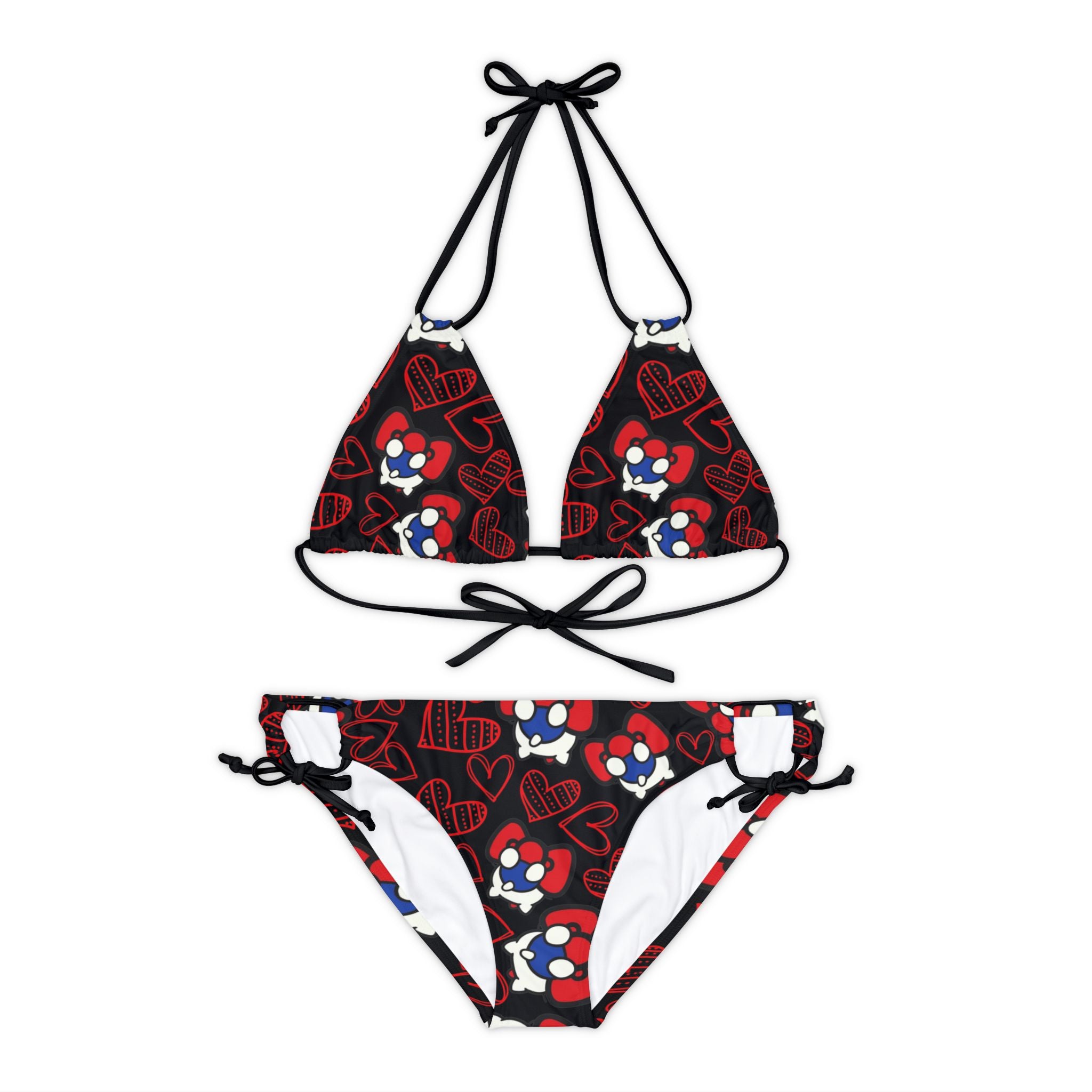 Strappy bikini set cherry kitty back heart black