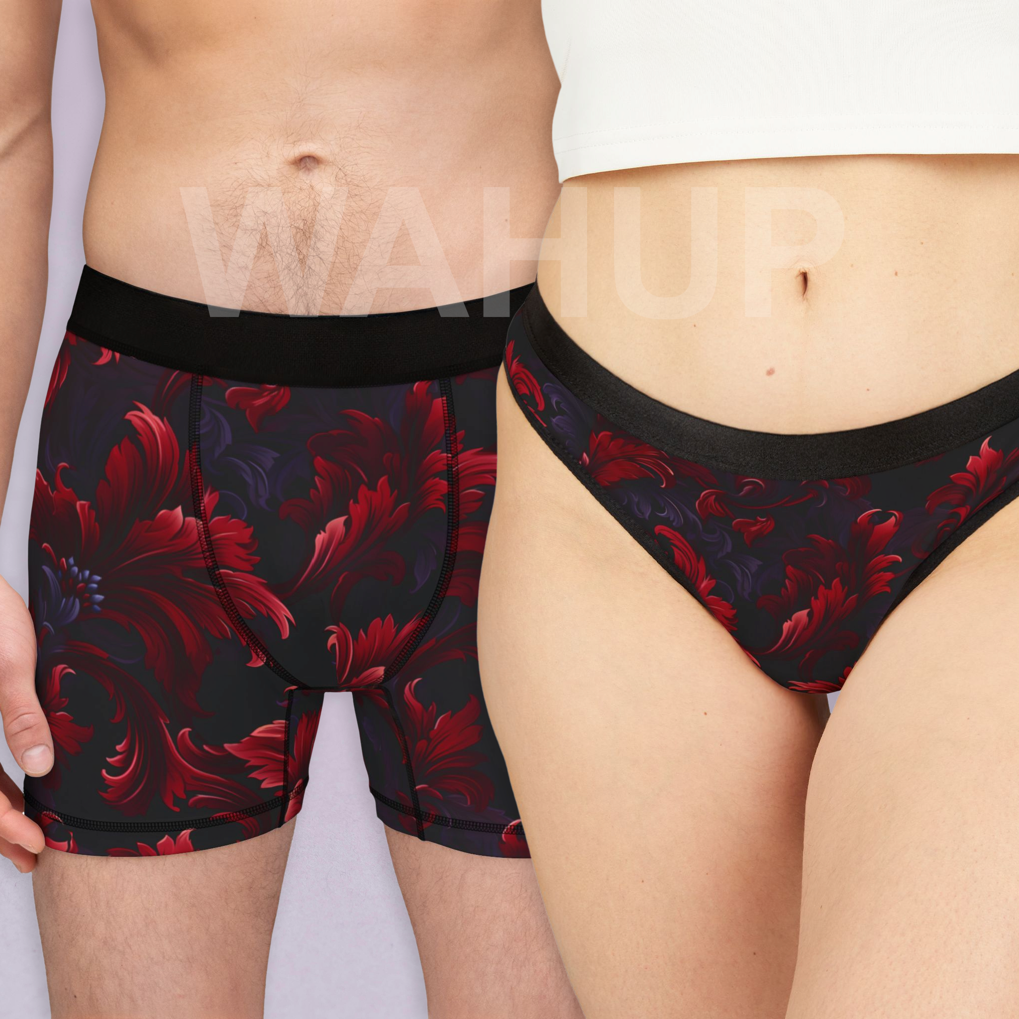 Matching underwear Red Damask for couples boxer & thong set