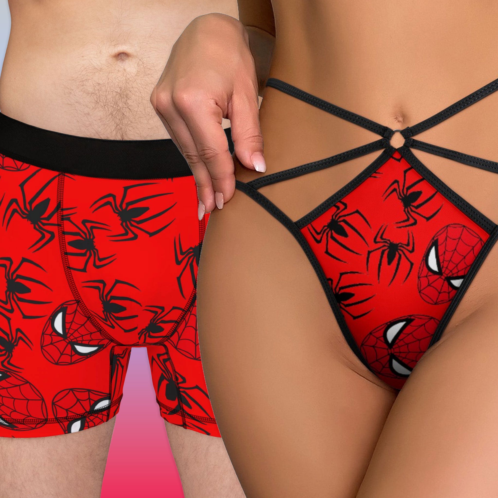 Couples matching spider web underwear, boxer & t-back thong