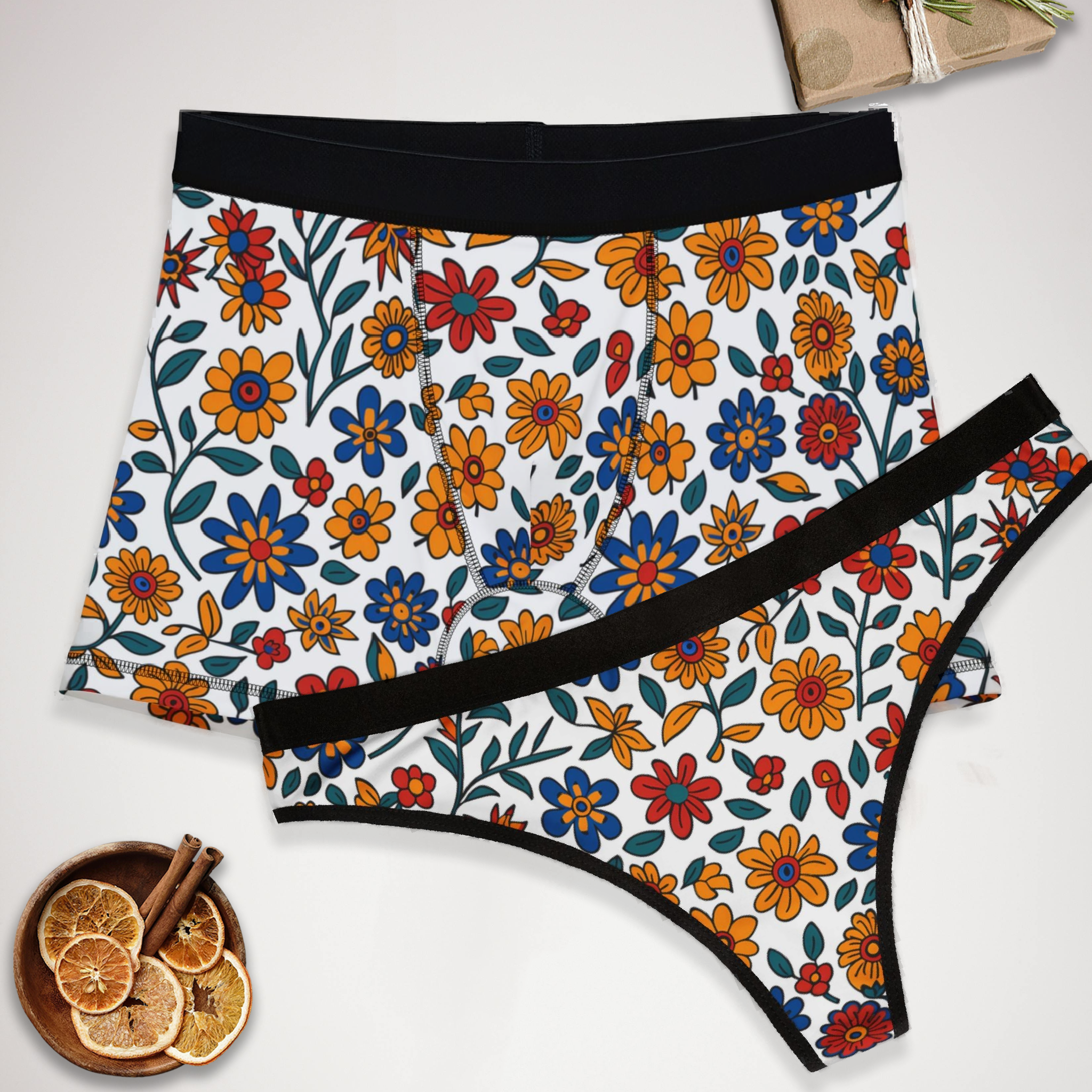 Matching underwear Mexican Flower One for couples boxer & thong set