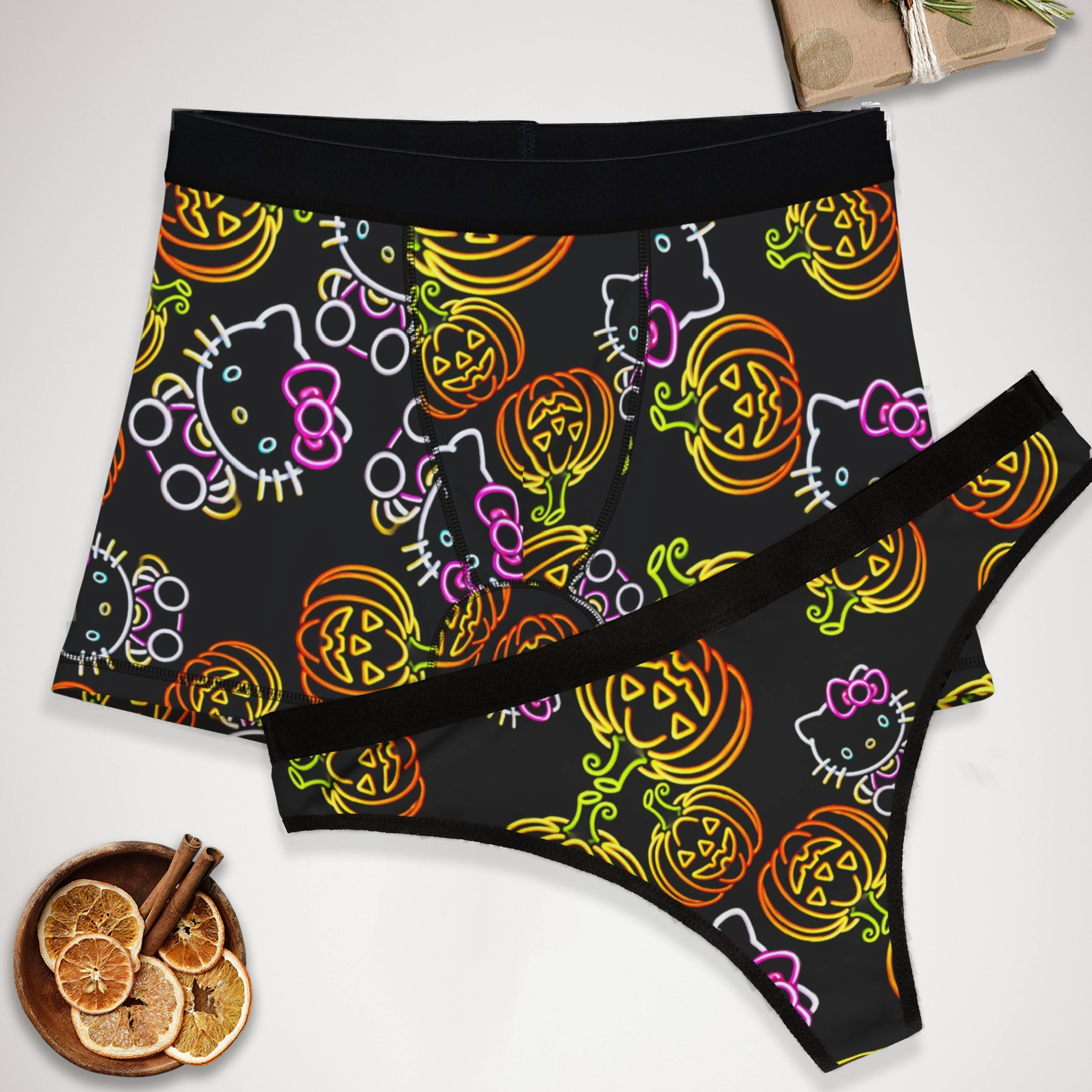 Couples matching  neon pumpkin kitty halloween character underwear set boxer and thong