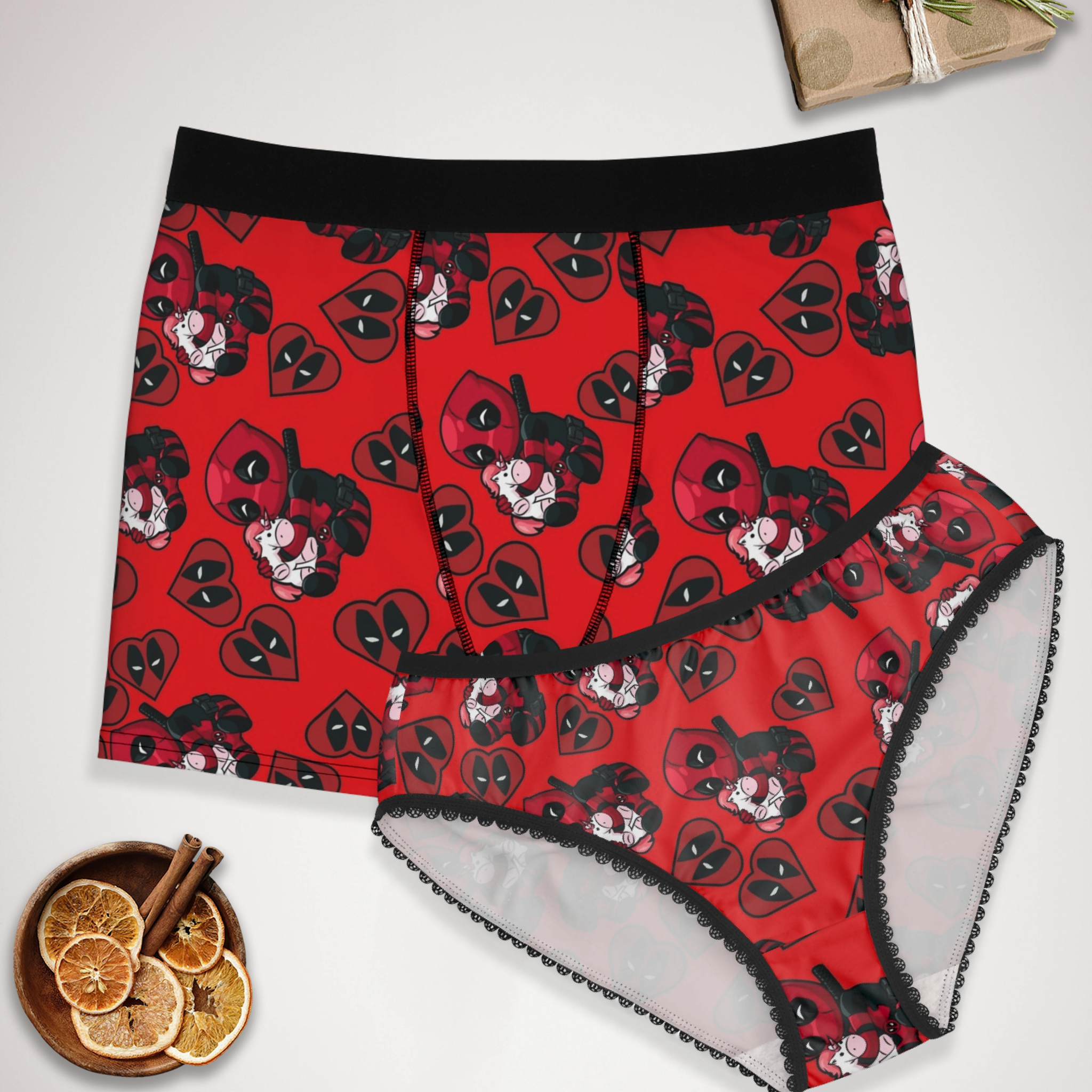 Couples matching deadpool unicorn hearts valentine love underwear set boxer & briefs