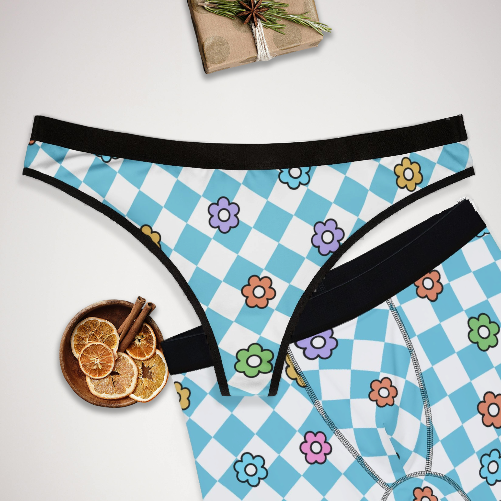 Matching underwear Spring Flower Checkered for couples boxer & thong set