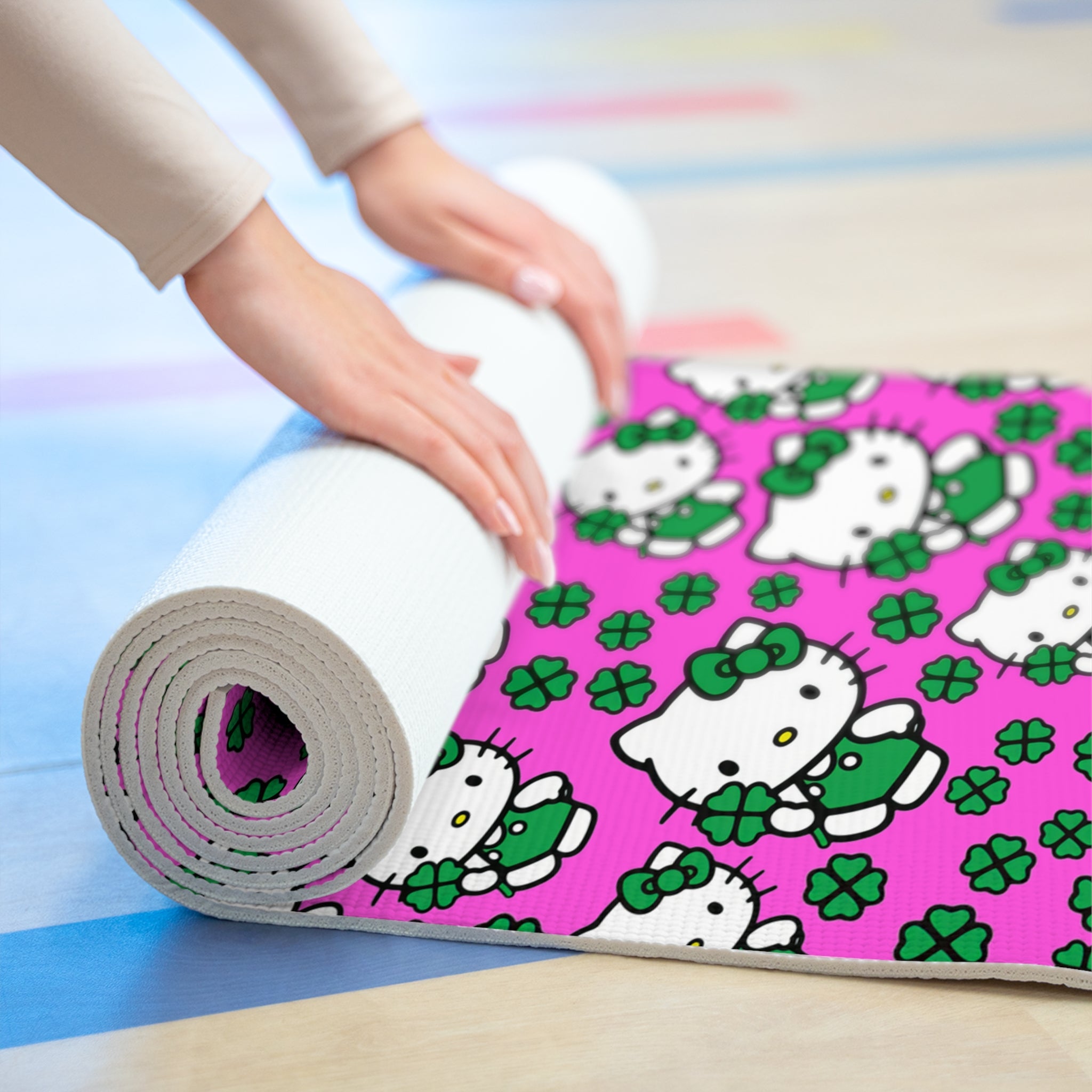 Foam yoga mat kitty saint patrick lucky pink