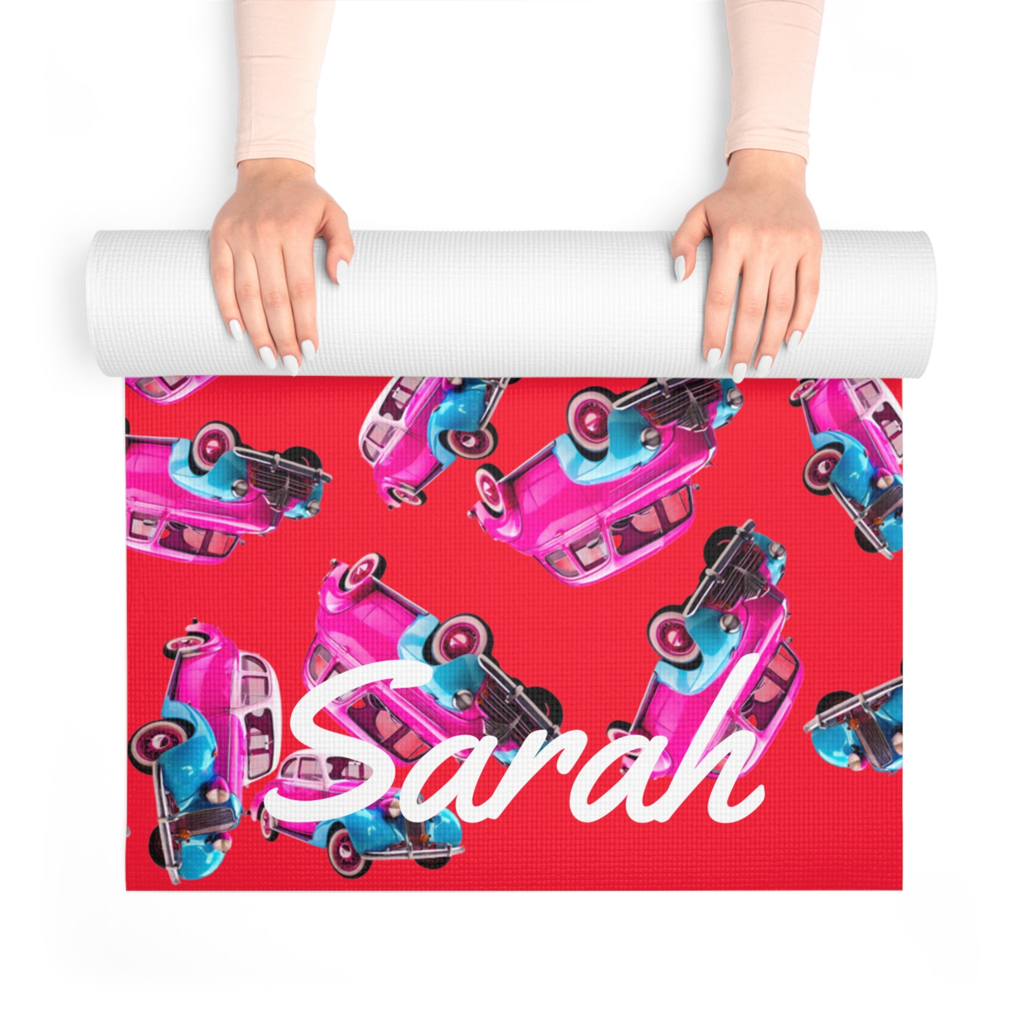 Custom name foam yoga mat cartoon dirty old cars red