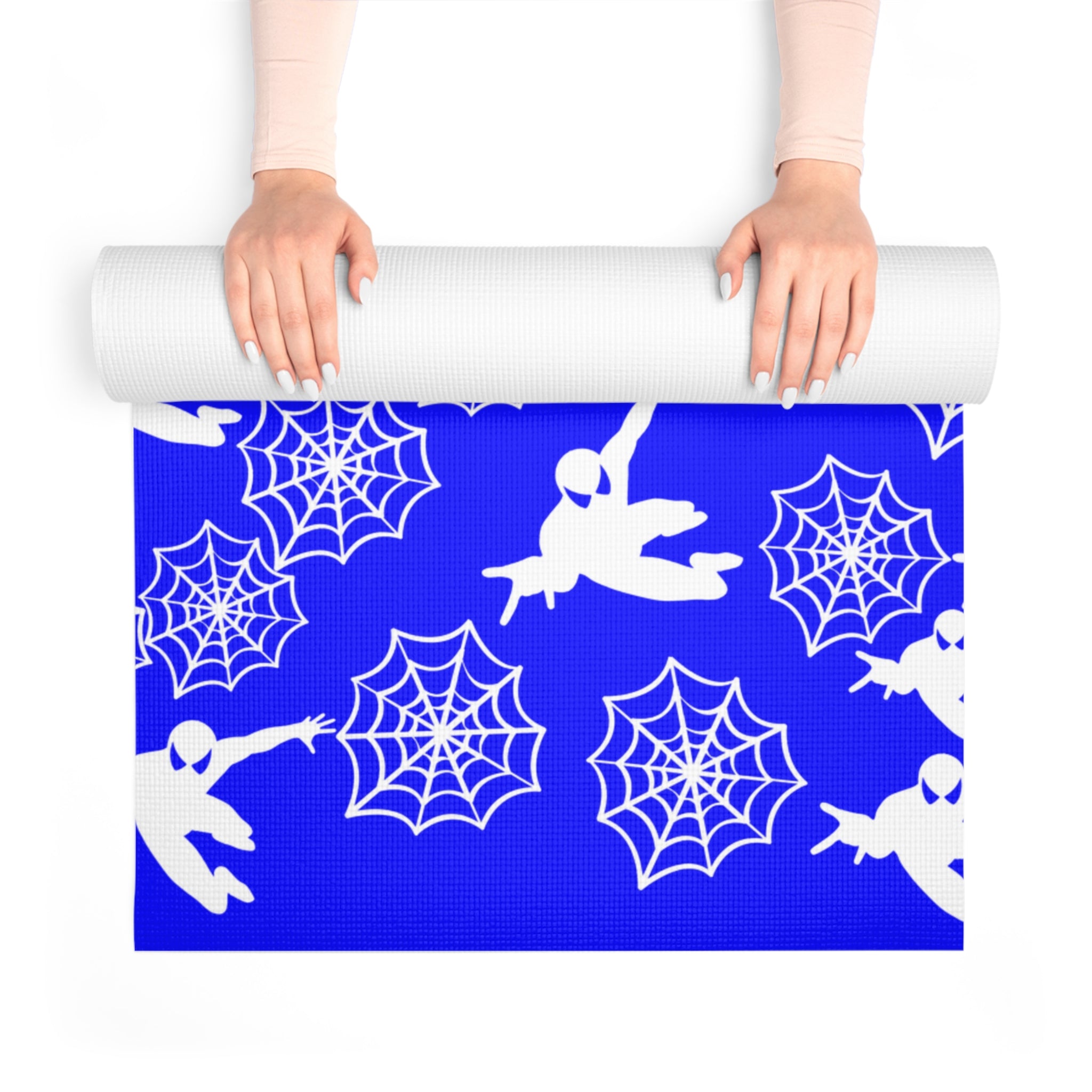 Foam yoga mat spiderman web plain blue