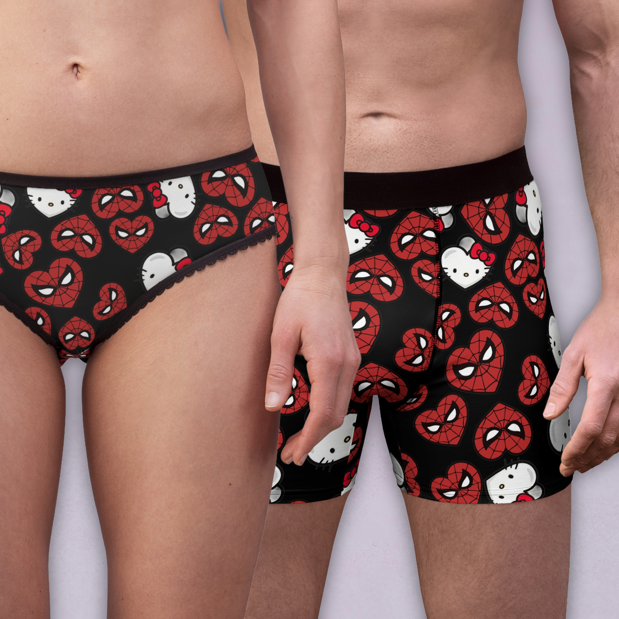 Couples matching spider kitty double hearts underwear set boxer & briefs