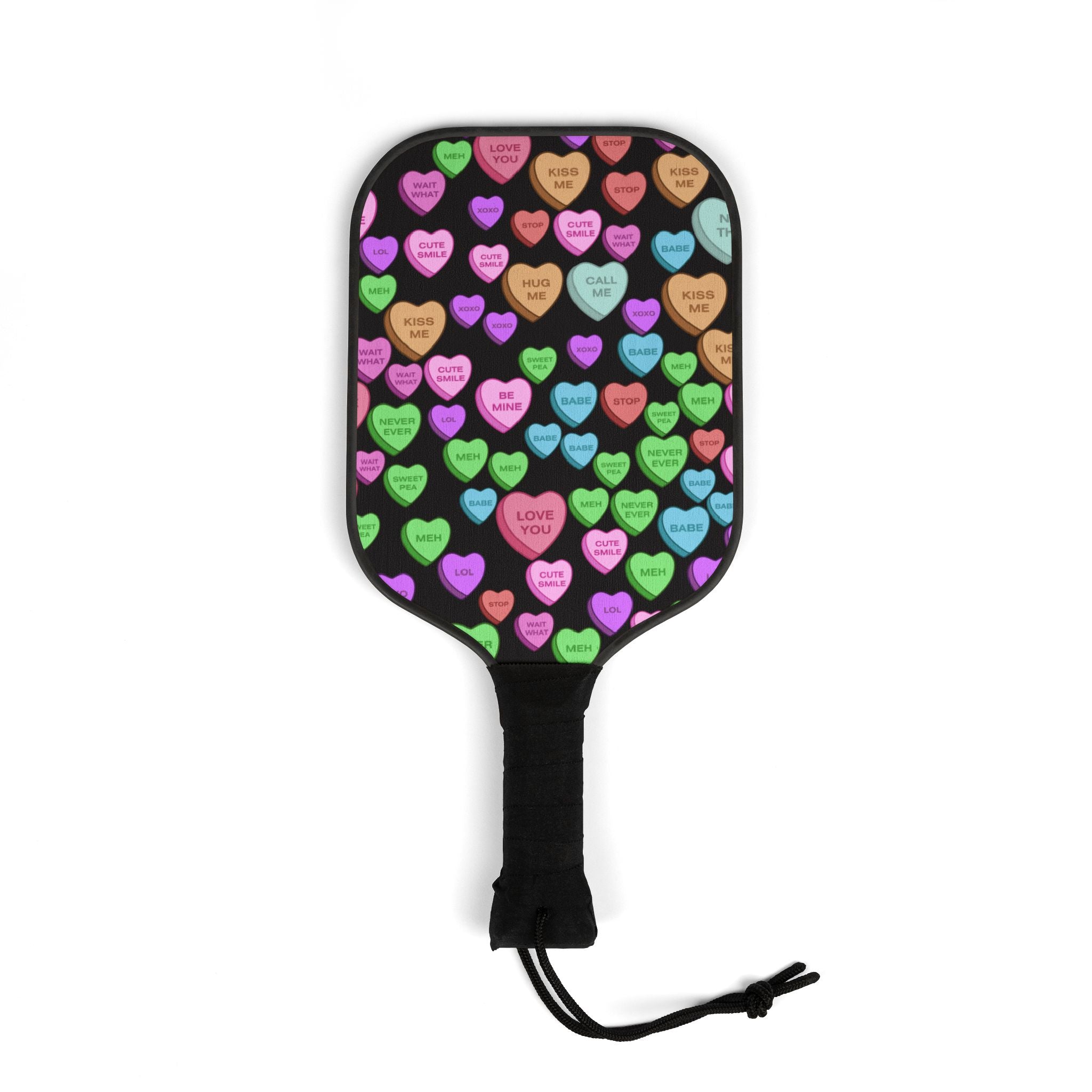 Pickleball kit (2 paddles + 2 balls + transparent bag) candy heart sweet valentine message black