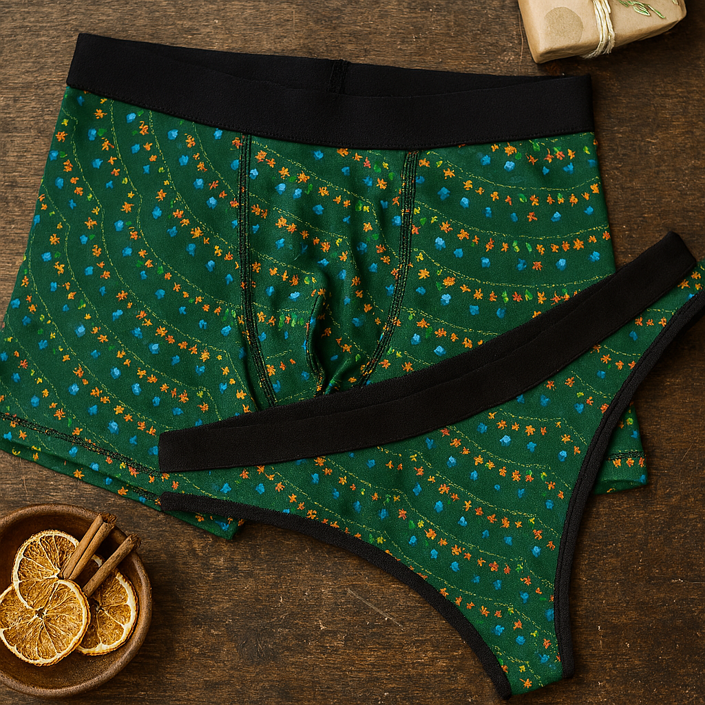 Matching underwear Green Christmas santa for couples boxer & thong set