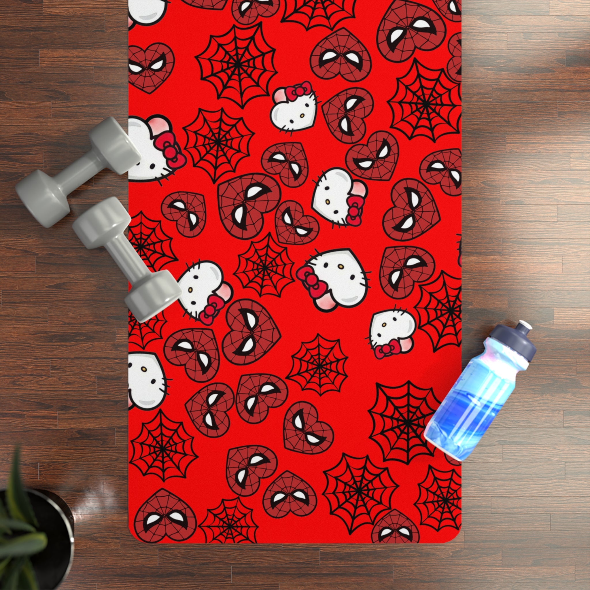 Rubber yoga mat kitty spider web heart red