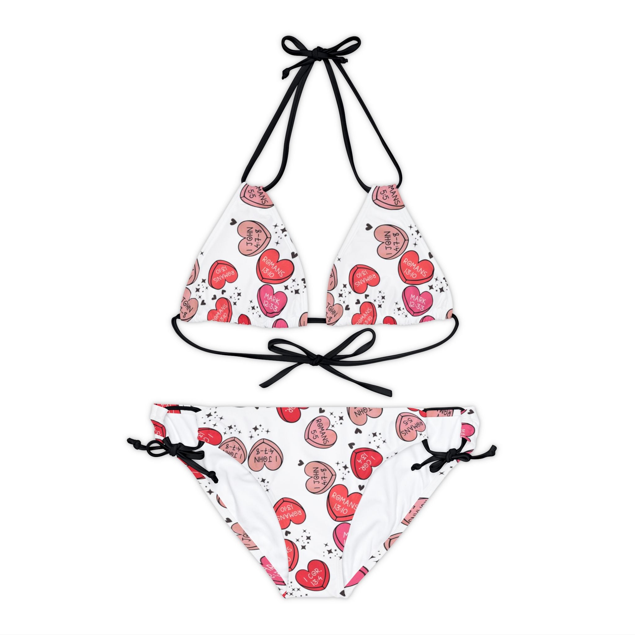 Strappy bikini set christian valentine sweet hearts white